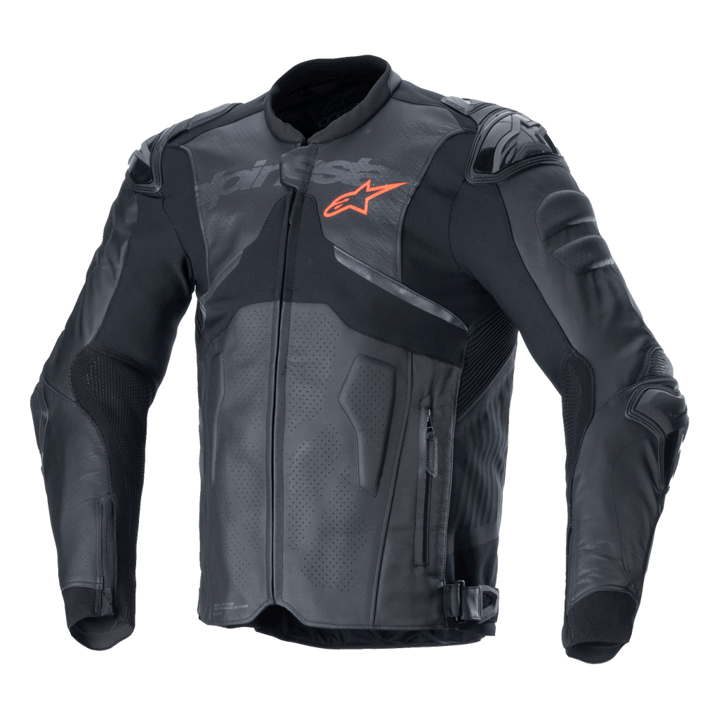 Alpinestars Atem V5 Leather Jacket, czarno-ciemnoszara wyścigowa kurtka motocyklowa, pomarańczowe logo gwiazdy na piersi, perforowane panele skórzane zapewniające wentylację, twarde ochraniacze ramion i łokci, skórzano-tekstylna konstrukcja o aerodynamicznym designie do jazdy sportowej