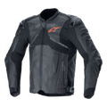 Alpinestars Atem V5 Leather Jacket, czarno-ciemnoszara wyścigowa kurtka motocyklowa, pomarańczowe logo gwiazdy na piersi, perforowane panele skórzane zapewniające wentylację, twarde ochraniacze ramion i łokci, skórzano-tekstylna konstrukcja o aerodynamicznym designie do jazdy sportowej