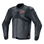 Alpinestars Atem V5 Leather Jacket, czarno-ciemnoszara wyścigowa kurtka motocyklowa, pomarańczowe logo gwiazdy na piersi, perforowane panele skórzane zapewniające wentylację, twarde ochraniacze ramion i łokci, skórzano-tekstylna konstrukcja o aerodynamicznym designie do jazdy sportowej