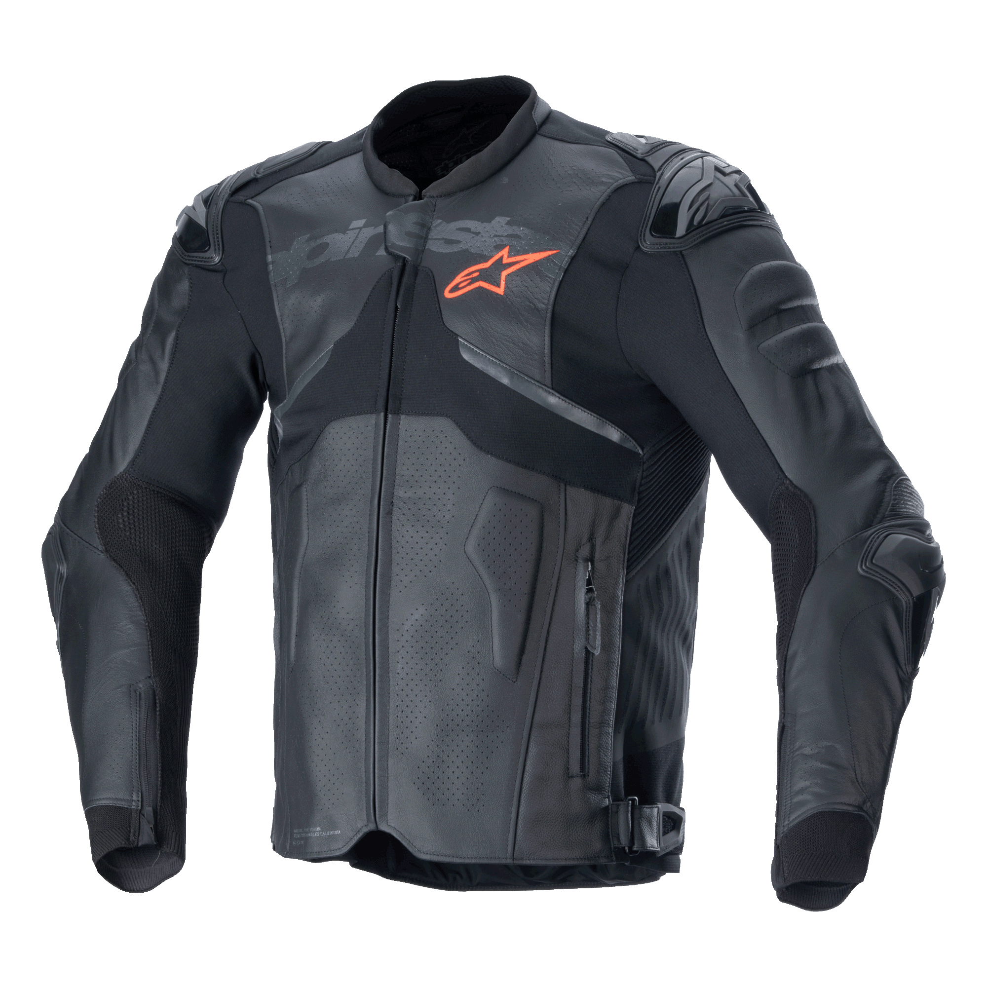 Alpinestars Atem V5 Leather Jacket, czarno-ciemnoszara wyścigowa kurtka motocyklowa, pomarańczowe logo gwiazdy na piersi, perforowane panele skórzane zapewniające wentylację, twarde ochraniacze ramion i łokci, skórzano-tekstylna konstrukcja o aerodynamicznym designie do jazdy sportowej