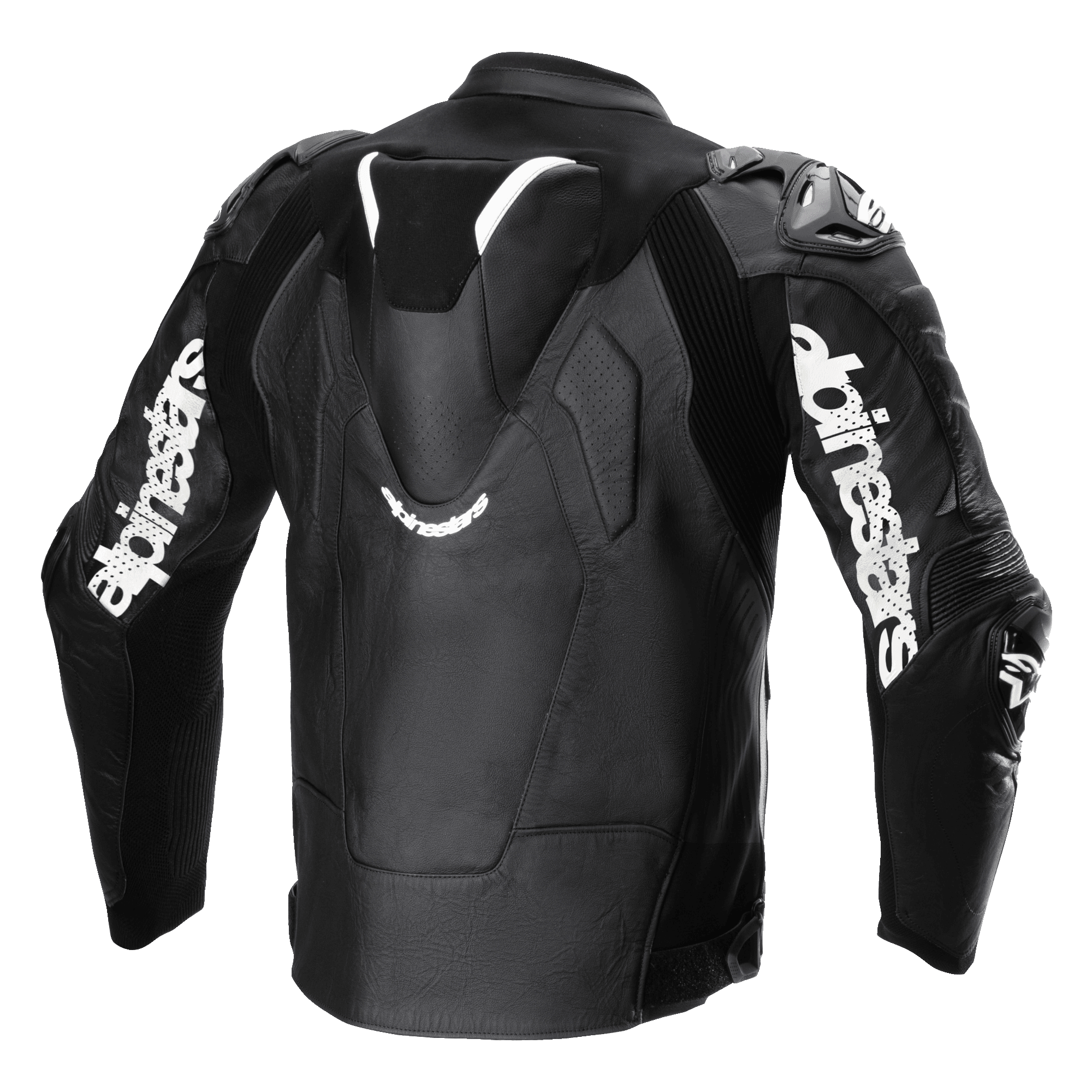 Kurtka skórzana Alpinestars Atem V5, czarno-biała, widok z tyłu ukazujący aerodynamiczny garb, białe logo Alpinestars na rękawach, perforowane sekcje skórzane i techniczne panele elastyczne do jazdy wyścigowej i sportowej.