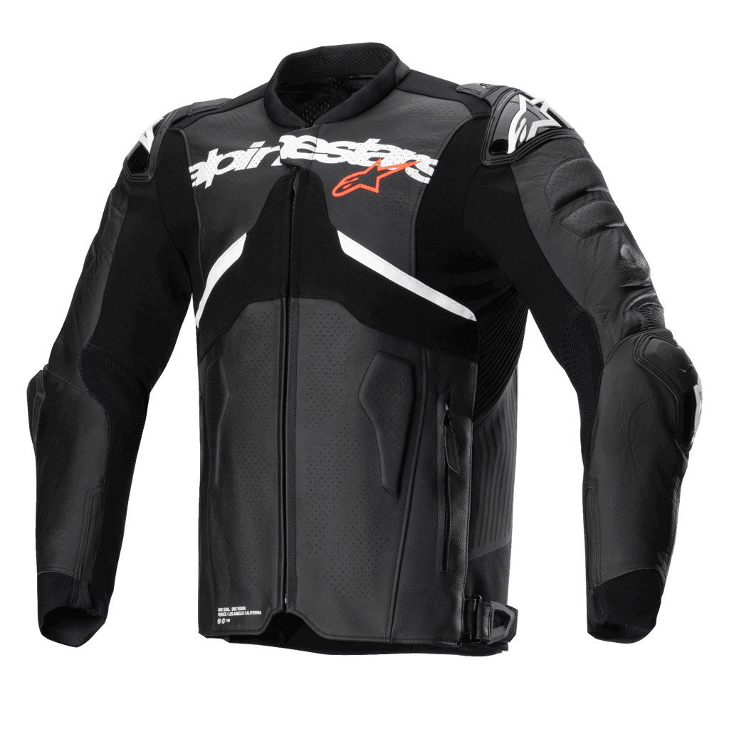 Kurtka skórzana Alpinestars Atem V5, czarno-biała, profesjonalna kurtka motocyklowa wyścigowa, duże białe logo Alpinestars na klatce piersiowej z małą czerwoną gwiazdką, perforowane panele skórzane, zintegrowane ochraniacze ramion DFS RR, aerodynamiczny krój sportowy