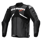 Kurtka skórzana Alpinestars Atem V5, czarno-biała, profesjonalna kurtka motocyklowa wyścigowa, duże białe logo Alpinestars na klatce piersiowej z małą czerwoną gwiazdką, perforowane panele skórzane, zintegrowane ochraniacze ramion DFS RR, aerodynamiczny krój sportowy