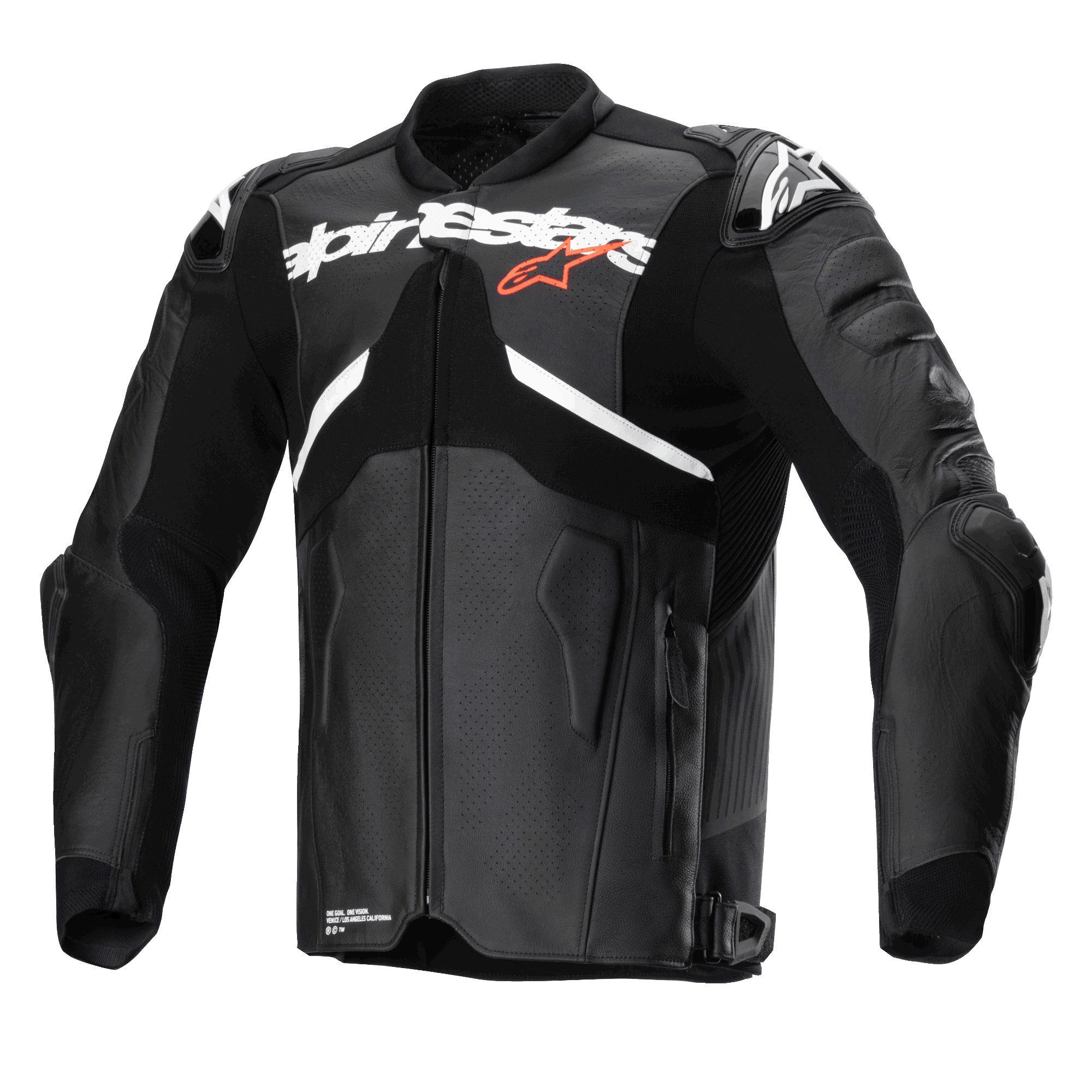 Kurtka skórzana Alpinestars Atem V5, czarno-biała, profesjonalna kurtka motocyklowa wyścigowa, duże białe logo Alpinestars na klatce piersiowej z małą czerwoną gwiazdką, perforowane panele skórzane, zintegrowane ochraniacze ramion DFS RR, aerodynamiczny krój sportowy
