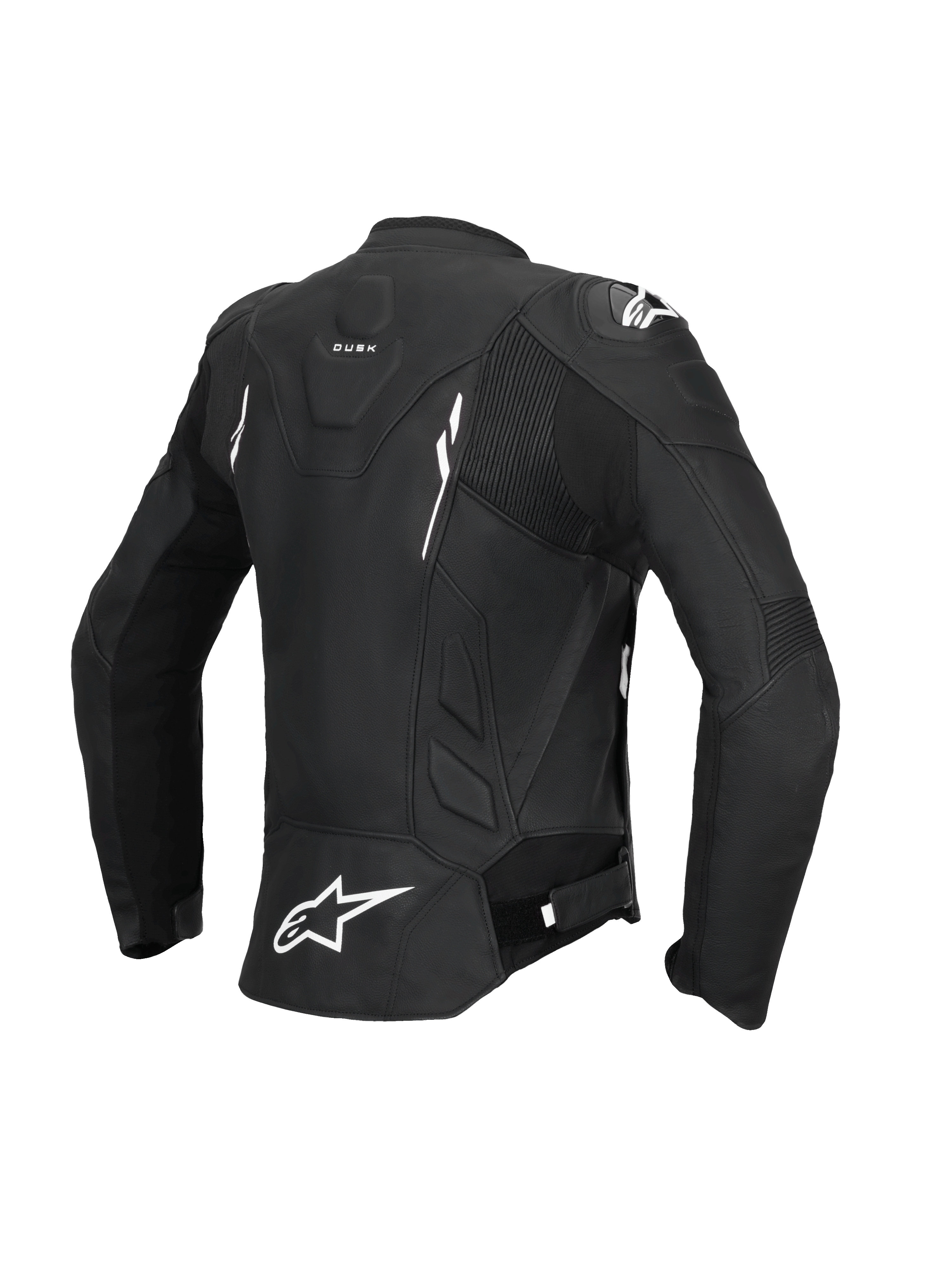 Alpinestars Stella Dusk Leather Jacket, Women's Motorcycle Racing and Sport Leather Jacket, Back view in Black and White, CE Certified AA Class with accordion stretch panels