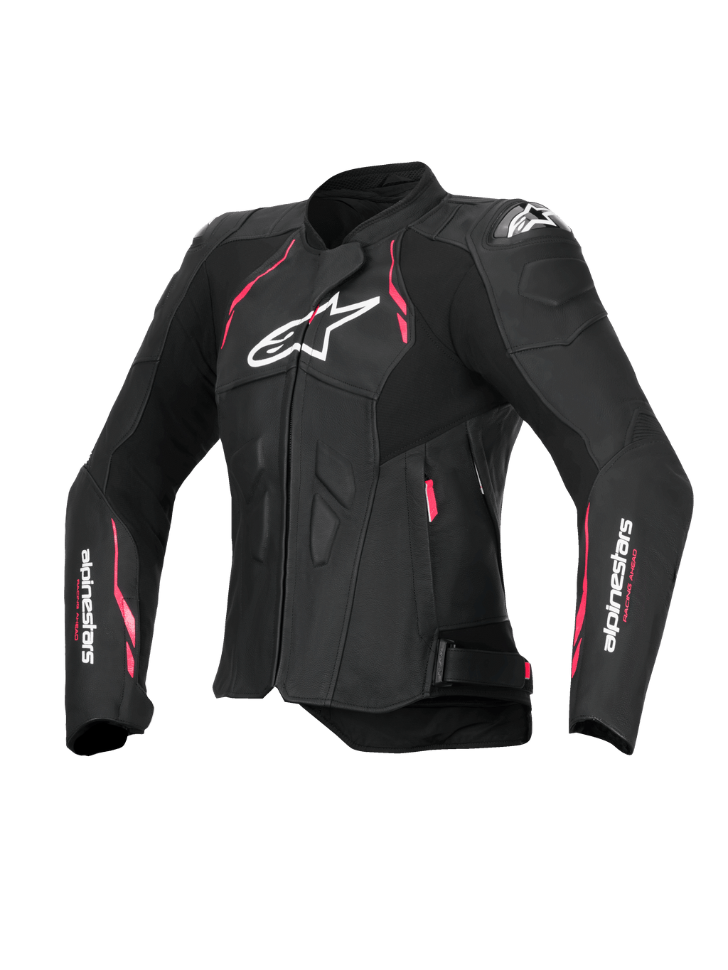 Alpinestars Kurtka Stella Dusk Skórzana, damska kurtka motocyklowa, czarna z różowymi i białymi akcentami, certyfikat CE Klasa AA, z zewnętrzną ochroną ramion DFS