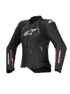 Alpinestars Kurtka Stella Dusk Skórzana, damska kurtka motocyklowa, czarna z różowymi i białymi akcentami, certyfikat CE Klasa AA, z zewnętrzną ochroną ramion DFS