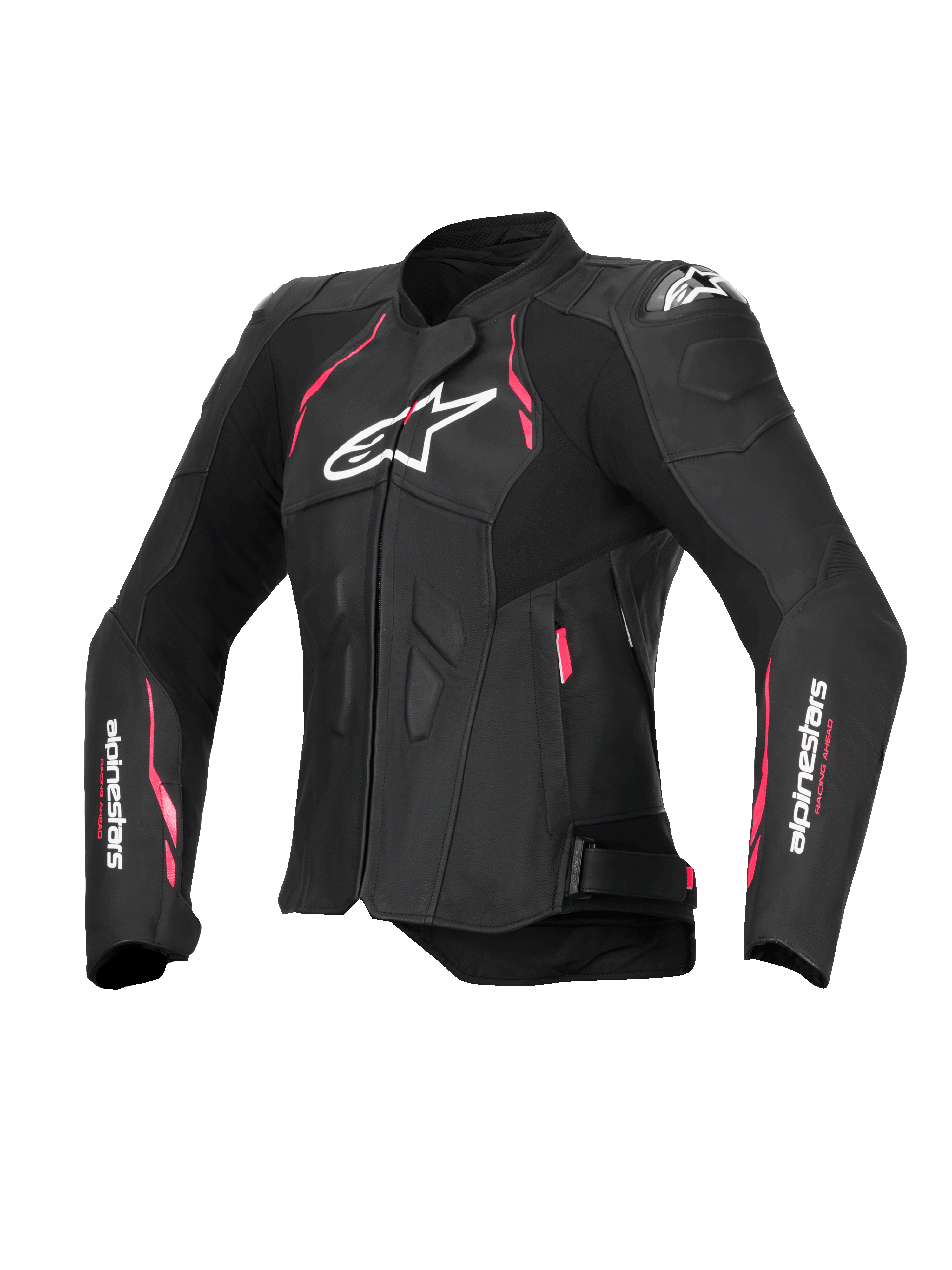 Alpinestars Kurtka Stella Dusk Skórzana, damska kurtka motocyklowa, czarna z różowymi i białymi akcentami, certyfikat CE Klasa AA, z zewnętrzną ochroną ramion DFS