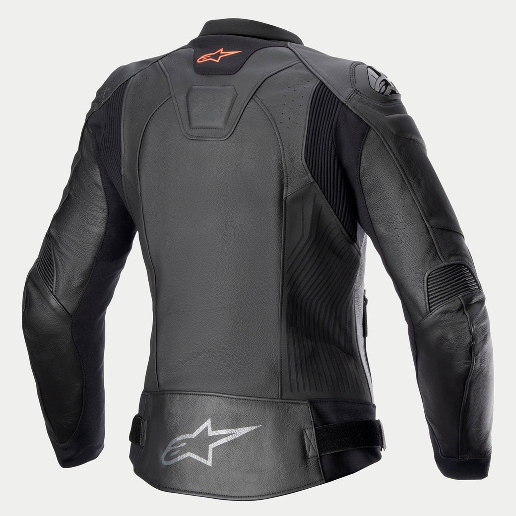 Alpinestars Kurtka Stella GP Plus V4 Skórzana, damska kurtka motocyklowa, czarna, certyfikowana CE, widok z tyłu pokazujący elastyczne panele i detale pancerza ochronnego