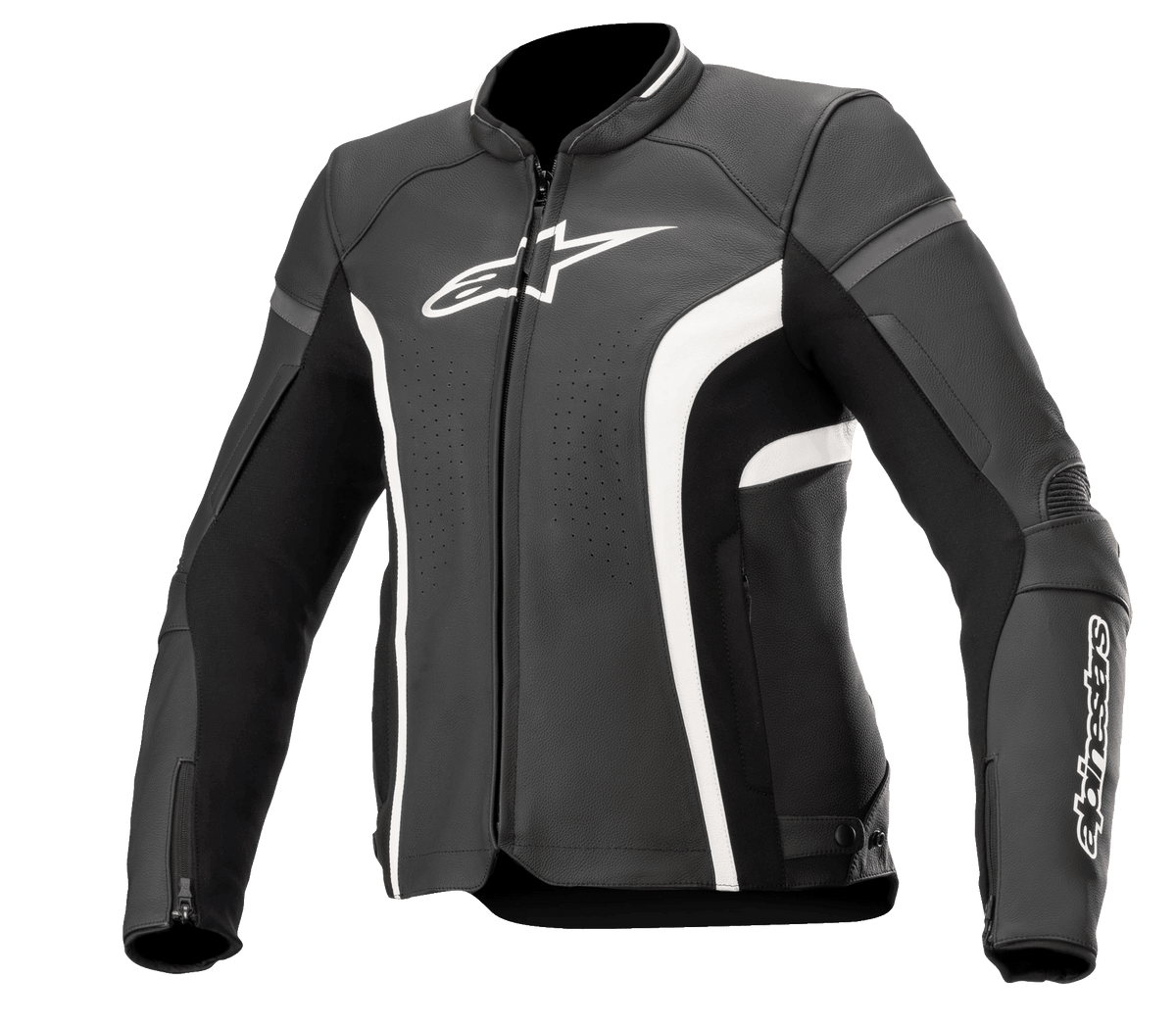 Alpinestars Stella Kira V2, damska kurtka skórzana, czarno-biała, z perforowanymi panelami wentylacyjnymi, białym logo na klatce piersiowej i rękawie, mankietami zapinanymi na zamek oraz dopasowanym sportowym krojem do jazdy szosowej.