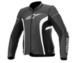 Alpinestars Stella Kira V2, damska kurtka skórzana, czarno-biała, z perforowanymi panelami wentylacyjnymi, białym logo na klatce piersiowej i rękawie, mankietami zapinanymi na zamek oraz dopasowanym sportowym krojem do jazdy szosowej.