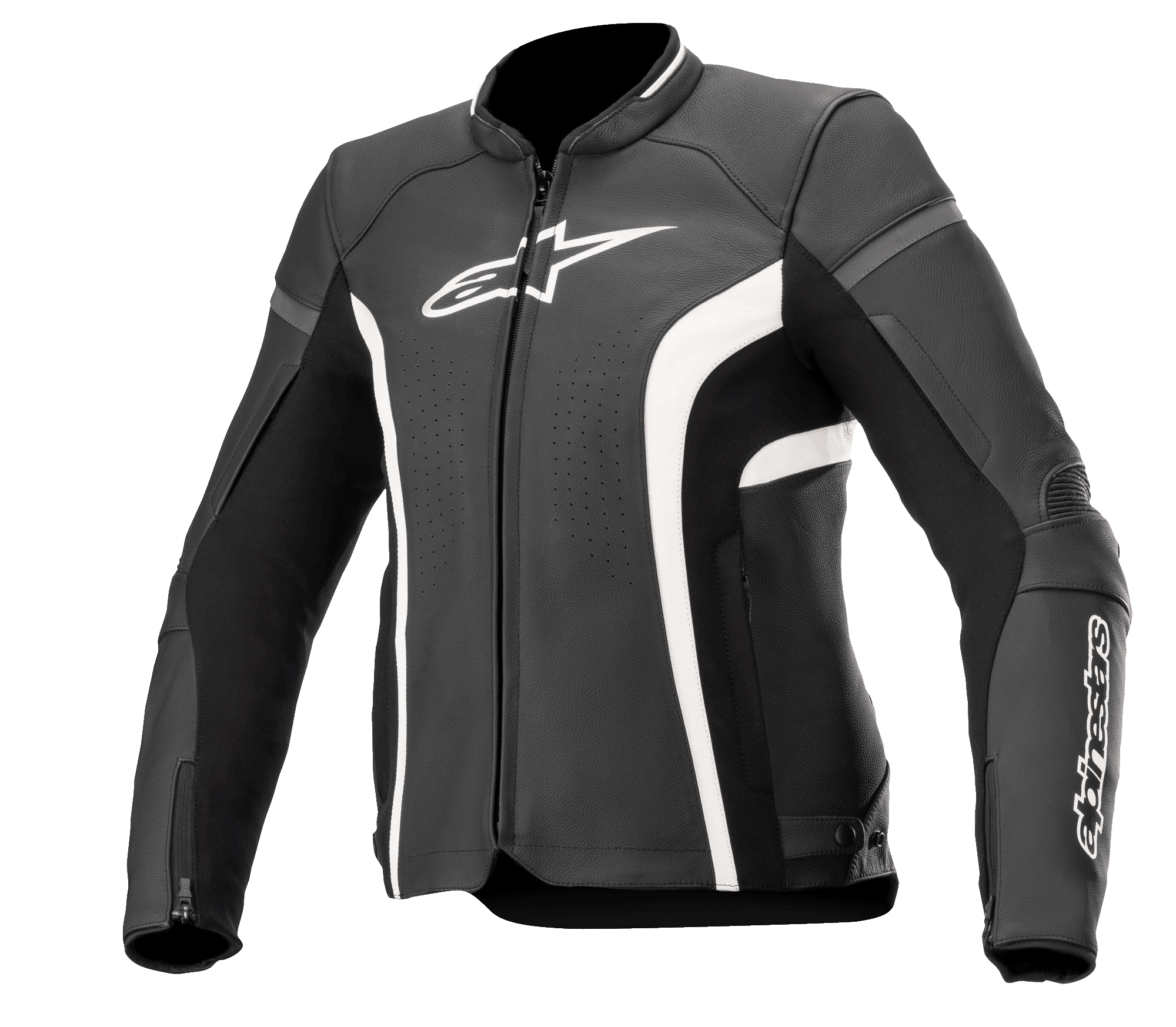 Alpinestars Stella Kira V2, damska kurtka skórzana, czarno-biała, z perforowanymi panelami wentylacyjnymi, białym logo na klatce piersiowej i rękawie, mankietami zapinanymi na zamek oraz dopasowanym sportowym krojem do jazdy szosowej.
