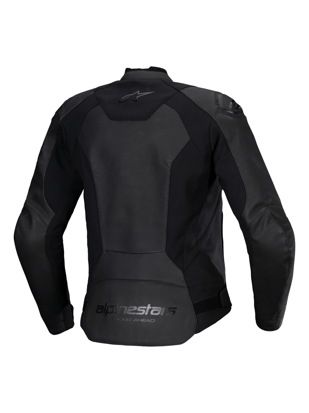 Alpinestars Woman Stella Faster V3 Leather Jacket, Women's Motorcycle Leather Jacket, Black, back view featuring Alpinestars branding on the upper and lower back, stretch panels for mobility, and a dropped tail for coverage.