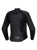 Alpinestars Woman Stella Faster V3 Leather Jacket, Women's Motorcycle Leather Jacket, Black, back view featuring Alpinestars branding on the upper and lower back, stretch panels for mobility, and a dropped tail for coverage.