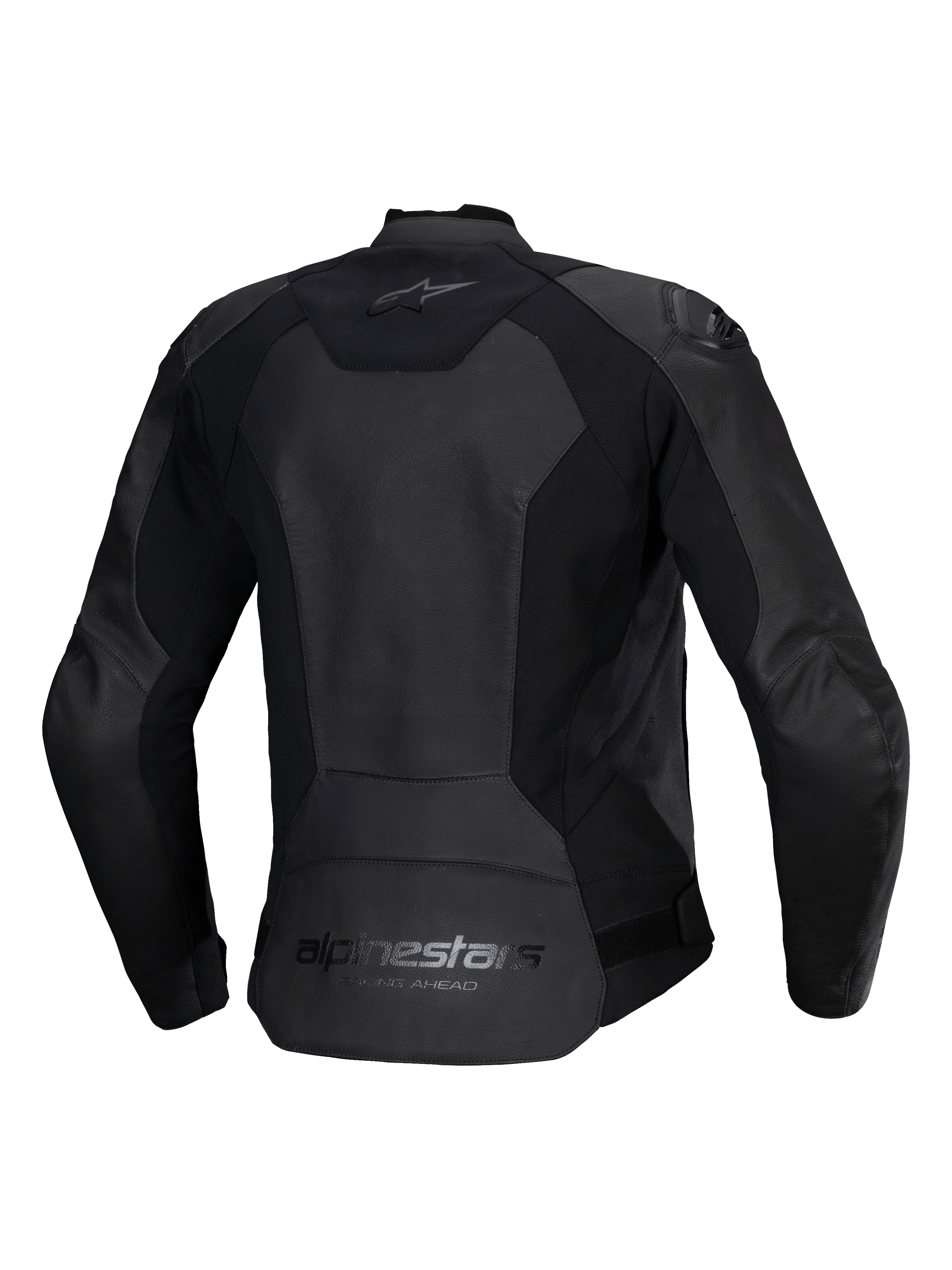 Alpinestars Woman Stella Faster V3 Leather Jacket, Women's Motorcycle Leather Jacket, Black, back view featuring Alpinestars branding on the upper and lower back, stretch panels for mobility, and a dropped tail for coverage.