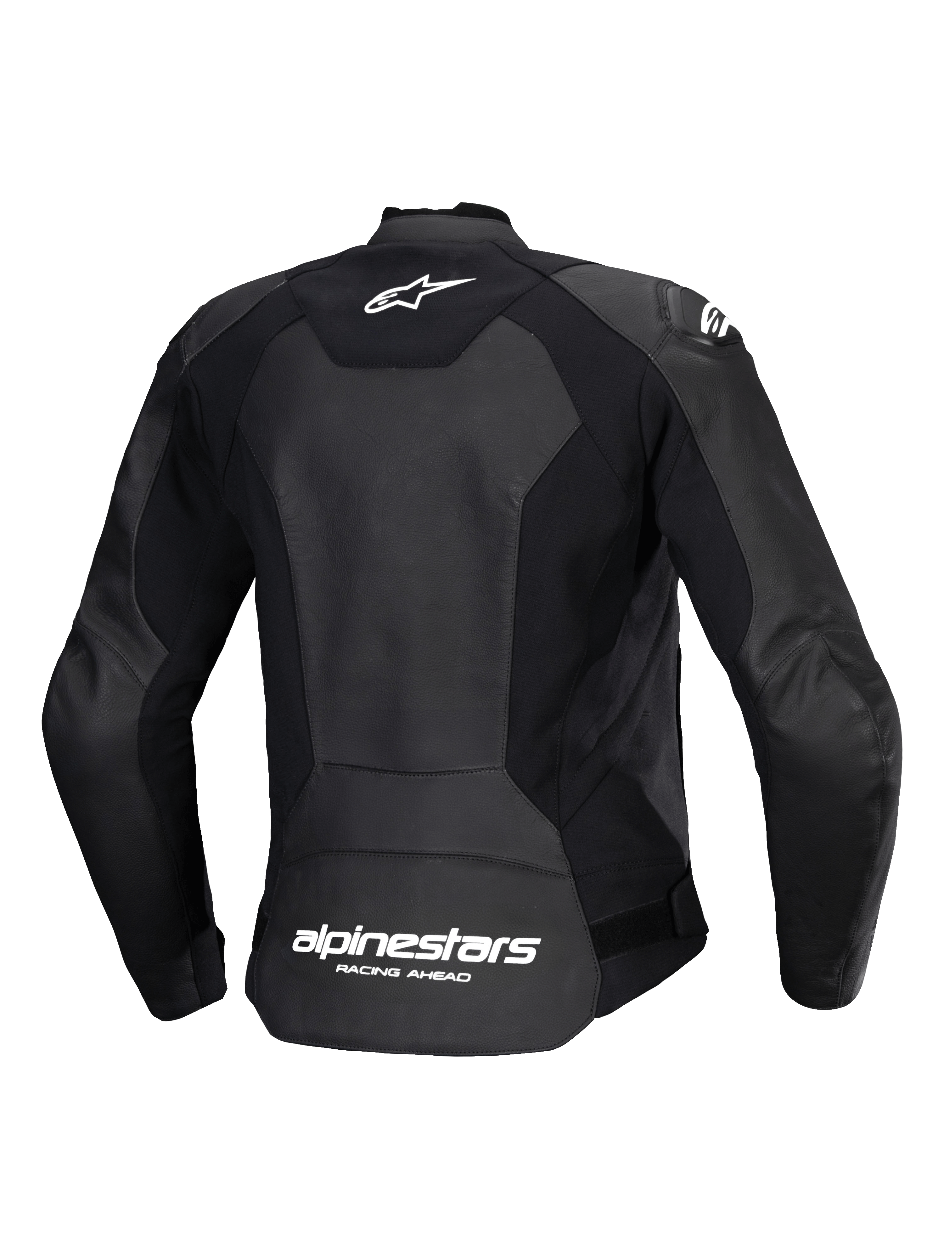 Alpinestars Stella Faster V3 Leather Jacket, Women's Sport Motorcycle Jacket, Black and White, rear view showing multi-panel leather and stretch fabric construction, white Alpinestars logo on the upper back and lower back branding, sleek athletic fit for performance riding