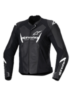 Alpinestars Stella Faster V3 Leather Jacket, Women's Motorcycle Racing Jacket, Black and White, featuring white Alpinestars branding on the chest and sleeves, premium leather construction with reinforced shoulders, aerodynamic sport design