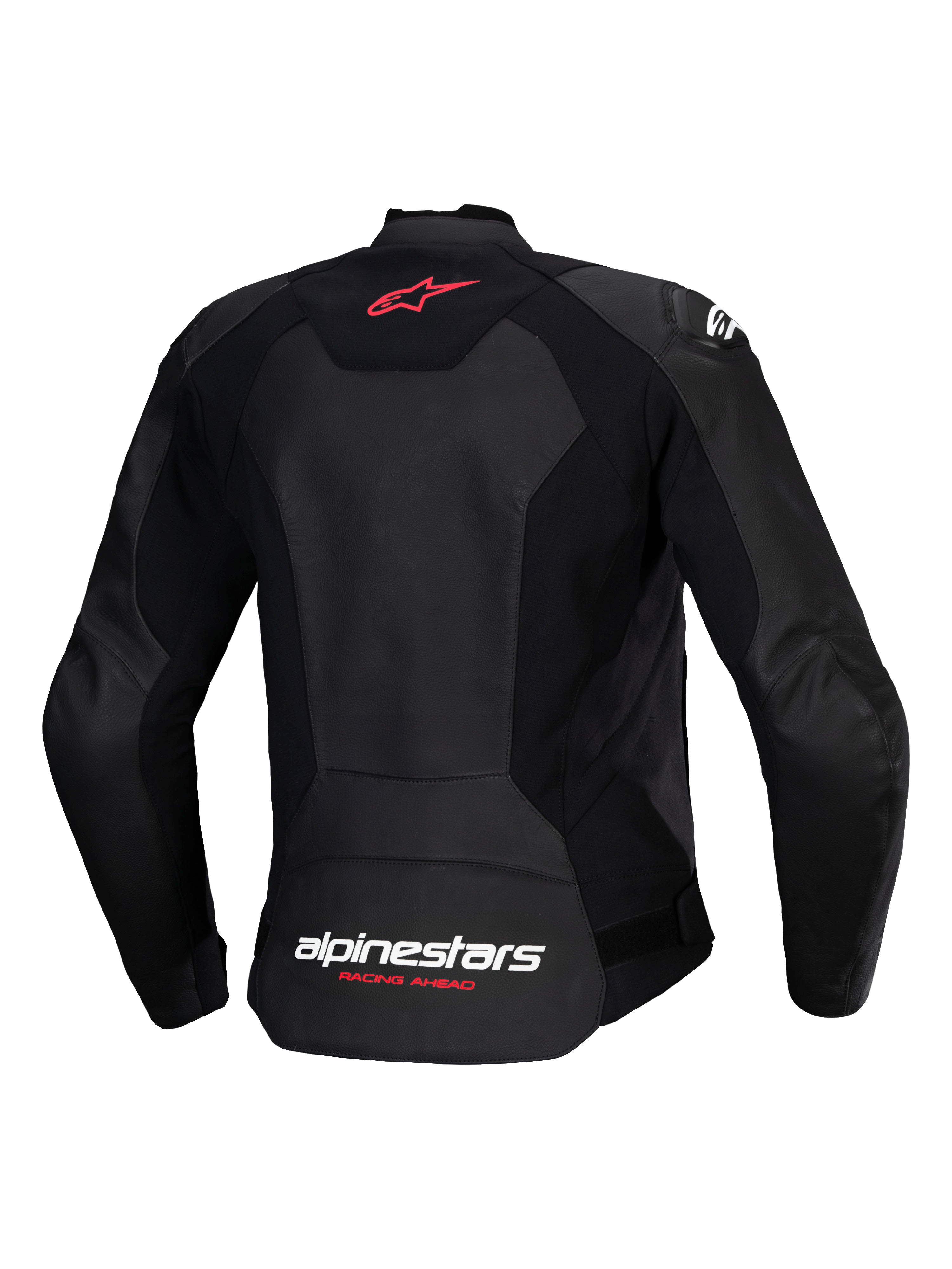 Alpinestars Stella Faster V3 Leather Jacket, Women's Sport Motorcycle Jacket, Black, back view featuring red star logo on the upper back and white Alpinestars branding with Fluo Coral "Racing Ahead" text on the lower back, contoured female fit with premium leather and stretch panels