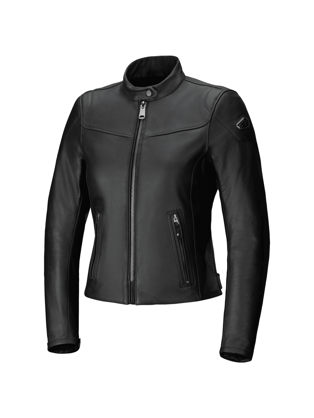 Alpinestars Tory, damska kurtka skórzana, miejska kurtka motocyklowa, czarna, dopasowany krój, metaliczny przedni zamek w kolorze gunmetal, pionowe boczne kieszenie na zamek, perforowany skórzany kołnierz, gładkie wykończenie ze skóry bydlęcej