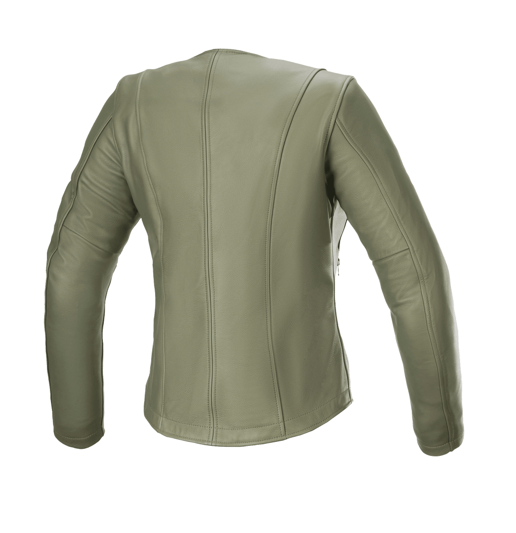 Alpinestars Damska kurtka skórzana Alice, Military Green, widok z tyłu, motocyklowa kurtka skórzana premium z eleganckimi pionowymi przeszyciami i wyprofilowanymi rękawami, miejski krój dopasowany do kobiecej sylwetki