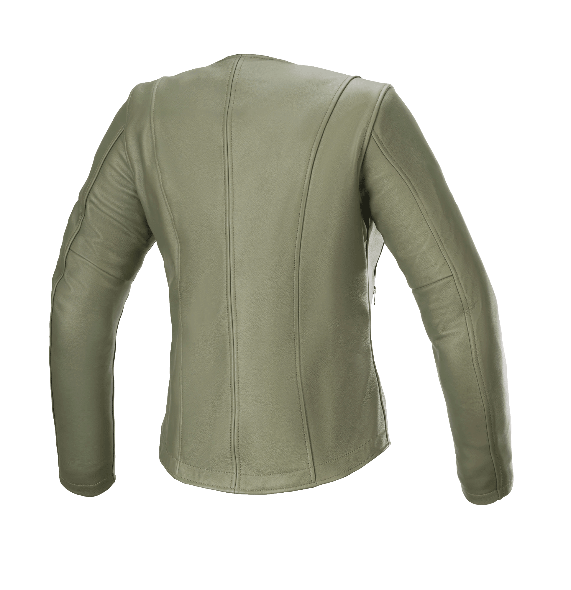 Alpinestars Damska kurtka skórzana Alice, Military Green, widok z tyłu, motocyklowa kurtka skórzana premium z eleganckimi pionowymi przeszyciami i wyprofilowanymi rękawami, miejski krój dopasowany do kobiecej sylwetki