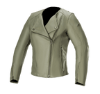 Damska kurtka skórzana Alpinestars Alice, Military Green, skórzana kurtka motocyklowa z asymetrycznym zamkiem błyskawicznym, kołnierz na zatrzaski, mankiety z zamkami, wykonana z wysokiej jakości skóry bydlęcej, dopasowany kobiecy krój do jazdy miejskiej