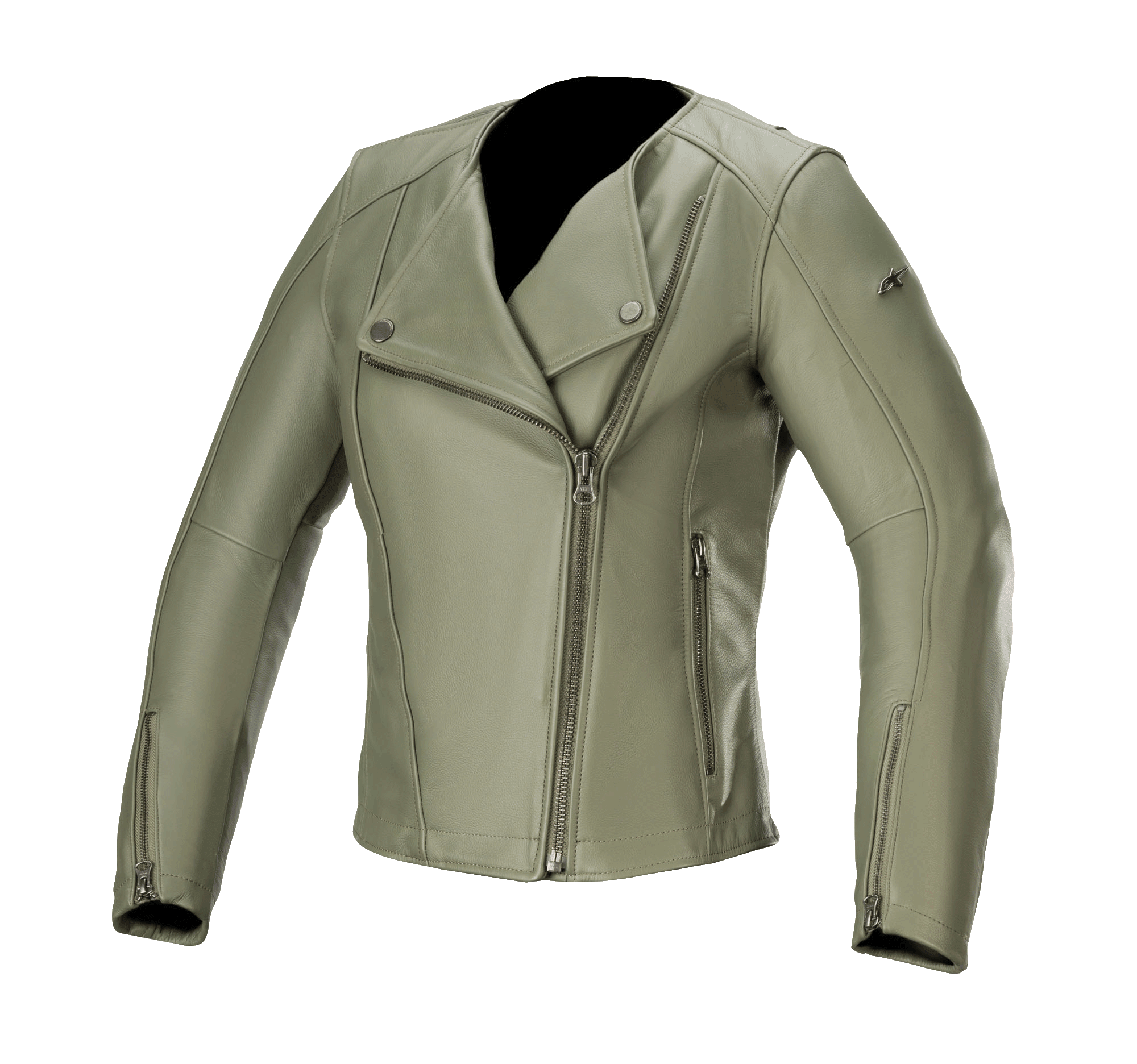 Damska kurtka skórzana Alpinestars Alice, Military Green, skórzana kurtka motocyklowa z asymetrycznym zamkiem błyskawicznym, kołnierz na zatrzaski, mankiety z zamkami, wykonana z wysokiej jakości skóry bydlęcej, dopasowany kobiecy krój do jazdy miejskiej