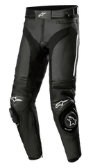 Skórzane spodnie Alpinestars Missile V3, czarne motocyklowe spodnie wyścigowe z białym logo gwiazdy, wzmocnione ślizgacze kolan, harmonijkowe panele elastyczne nad kolanami i otwory wentylacyjne, konstrukcja z wysokiej jakości skóry bydlęcej 1,3 mm zapewniająca wydajność na torze i drodze.