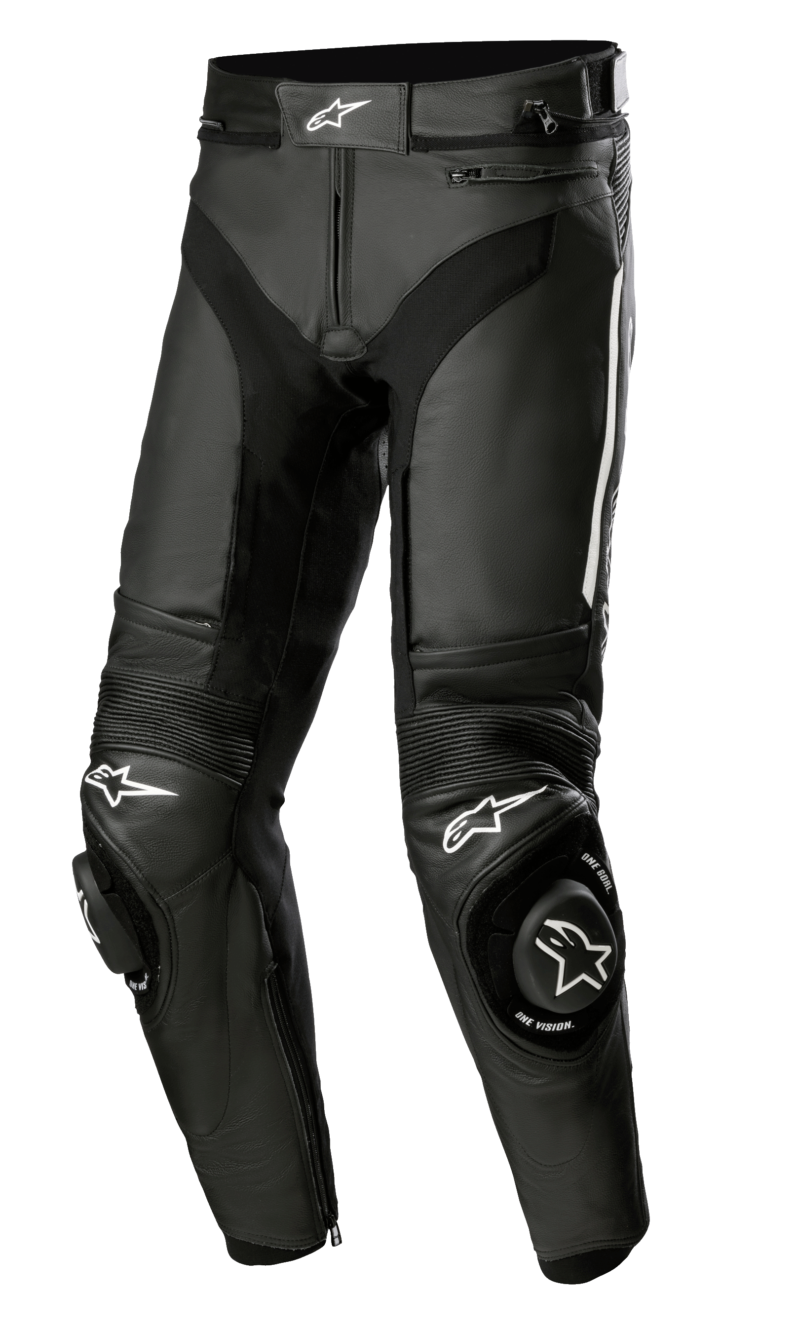 Skórzane spodnie Alpinestars Missile V3, czarne motocyklowe spodnie wyścigowe z białym logo gwiazdy, wzmocnione ślizgacze kolan, harmonijkowe panele elastyczne nad kolanami i otwory wentylacyjne, konstrukcja z wysokiej jakości skóry bydlęcej 1,3 mm zapewniająca wydajność na torze i drodze.