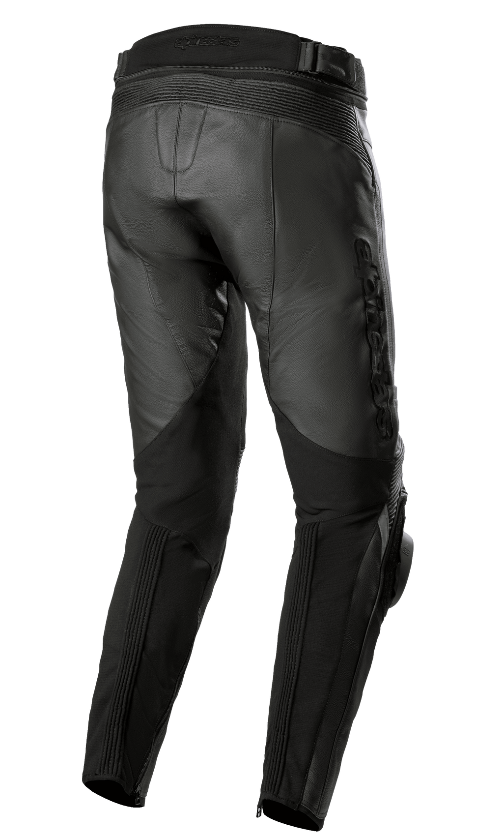 Skórzane spodnie Alpinestars Missile V3, czarne, widok z tyłu, elastyczne skórzane panele typu akordeon w pasie i za kolanami, tłoczone logo Alpinestars, wytrzymała skórzana konstrukcja do wyścigów szosowych