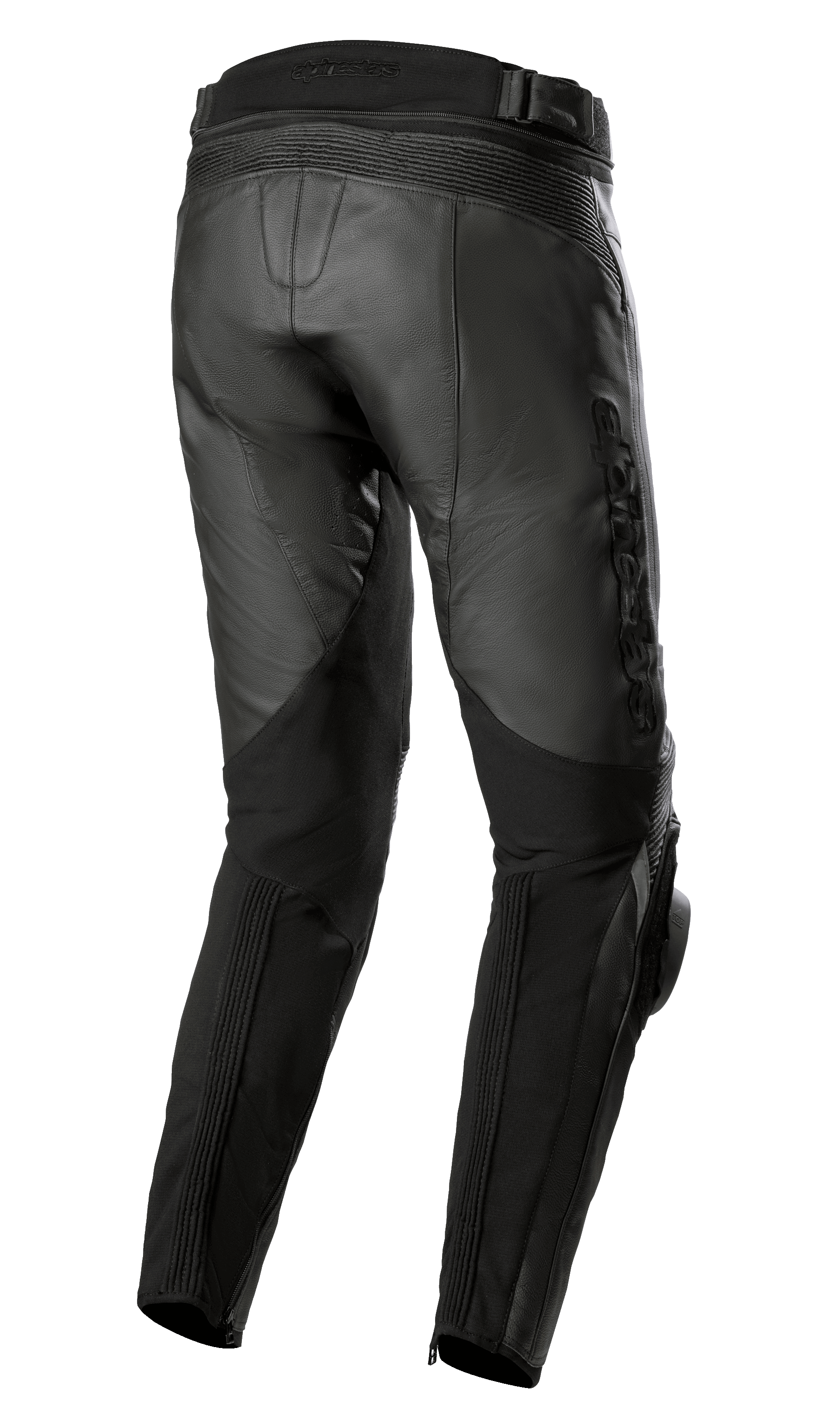 Skórzane spodnie Alpinestars Missile V3, czarne, widok z tyłu, elastyczne skórzane panele typu akordeon w pasie i za kolanami, tłoczone logo Alpinestars, wytrzymała skórzana konstrukcja do wyścigów szosowych