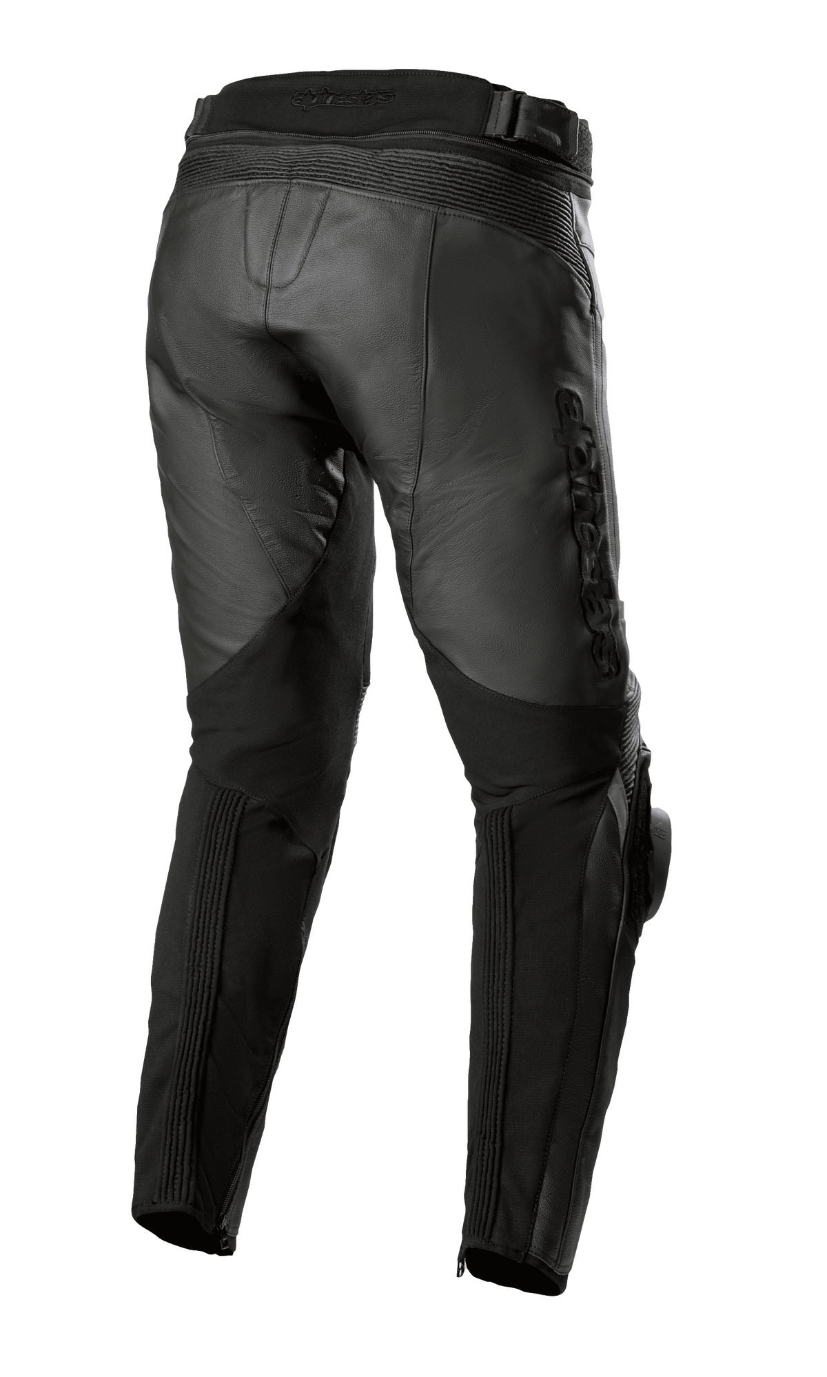 Alpinestars Missile V3 Leather Pants - Short, czarne, widok z tyłu pokazujący wysoką konstrukcję pasa, skórzane harmonijkowe strefy elastyczne nad kolanami oraz elastyczne panele na łydkach dla lepszej mobilności, wysokiej jakości odzież motocyklowa ze skóry bydlęcej do wyścigów drogowych