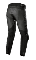 Alpinestars Missile V3 Leather Pants - Short, czarne, widok z tyłu pokazujący wysoką konstrukcję pasa, skórzane harmonijkowe strefy elastyczne nad kolanami oraz elastyczne panele na łydkach dla lepszej mobilności, wysokiej jakości odzież motocyklowa ze skóry bydlęcej do wyścigów drogowych