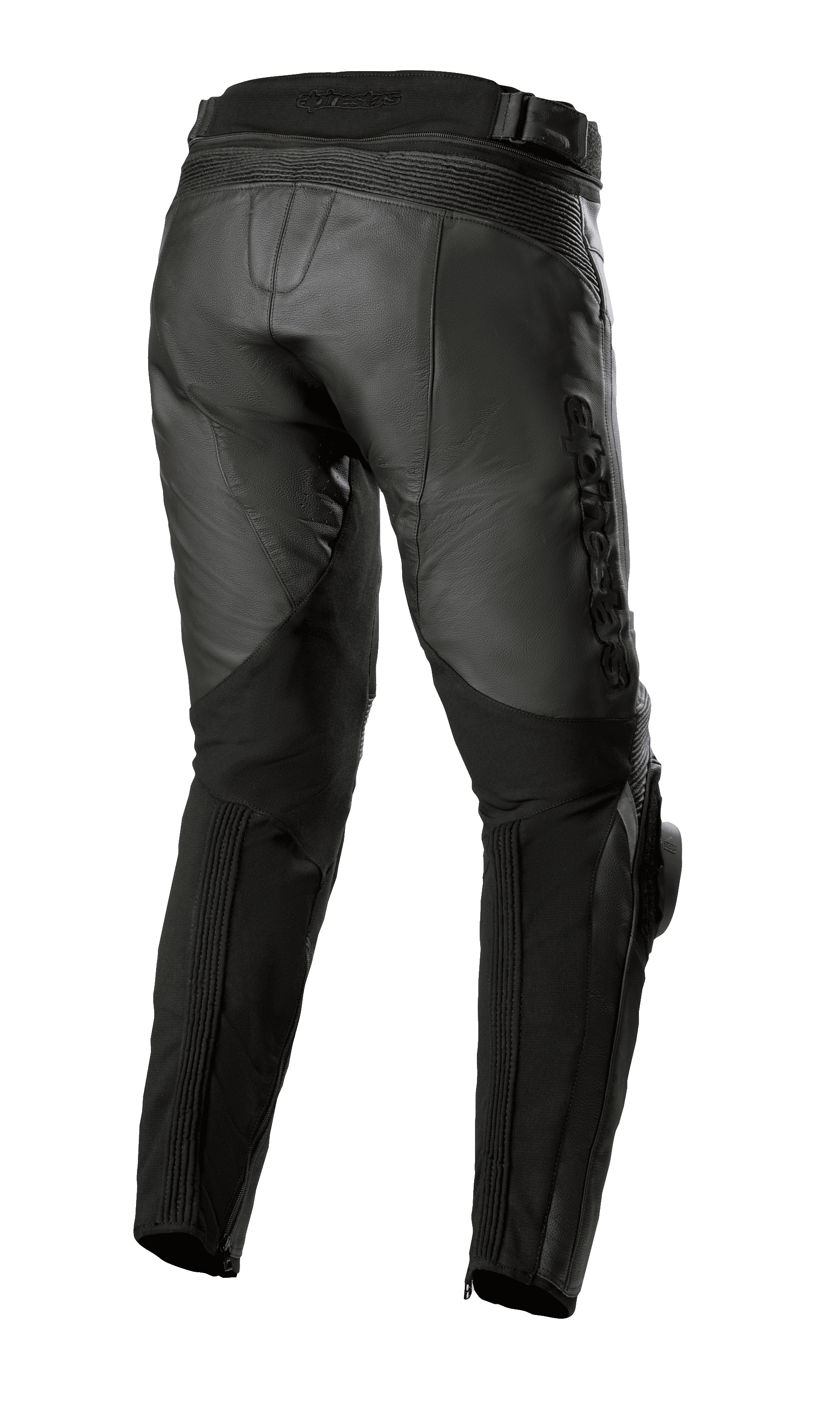 Alpinestars Missile V3 Leather Pants - Short, czarne, widok z tyłu pokazujący wysoką konstrukcję pasa, skórzane harmonijkowe strefy elastyczne nad kolanami oraz elastyczne panele na łydkach dla lepszej mobilności, wysokiej jakości odzież motocyklowa ze skóry bydlęcej do wyścigów drogowych