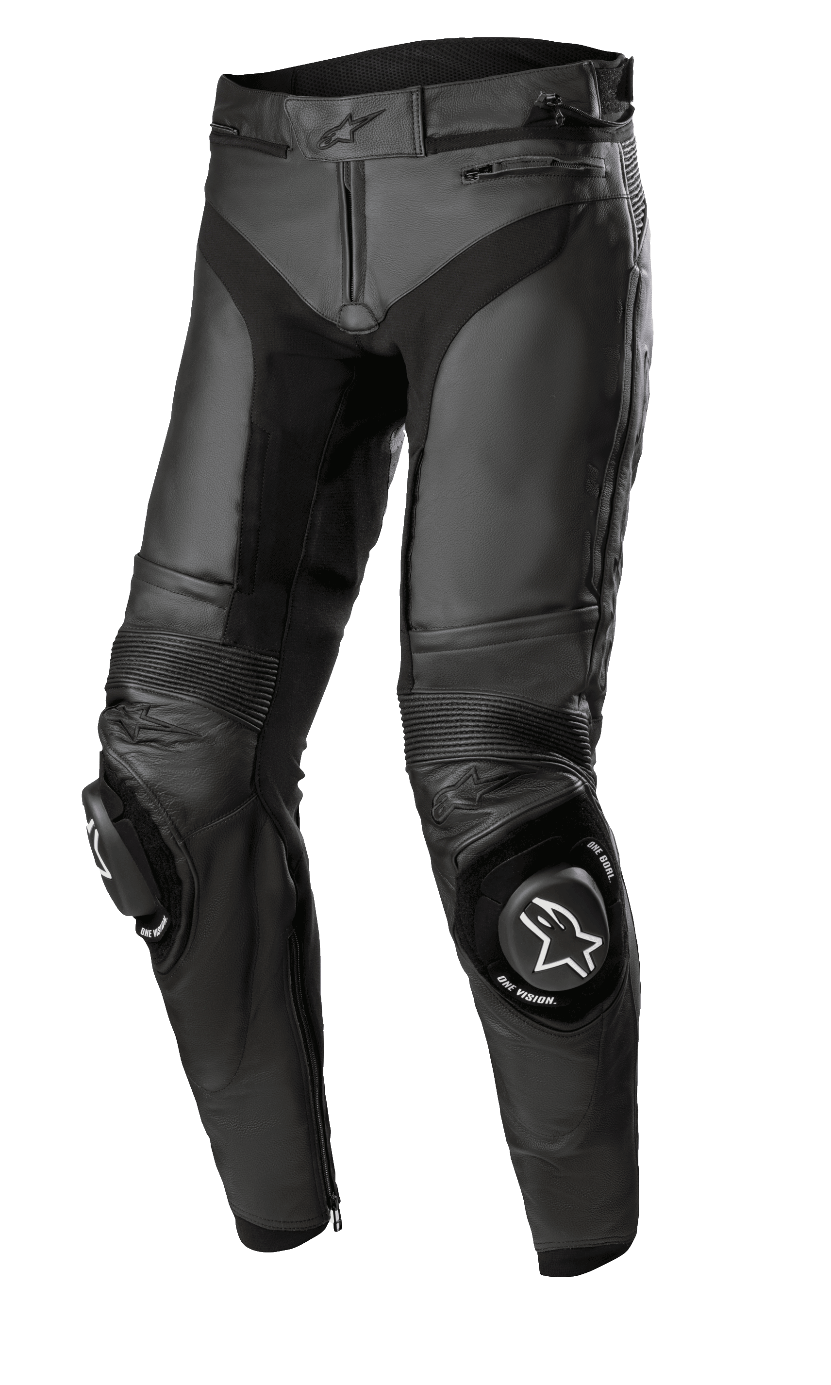 Alpinestars Missile V3 Leather Pants - Short, czarne skórzane spodnie motocyklowe wyścigowe, konstrukcja z wysokiej jakości skóry z elastycznymi panelami akordeonowymi, wzmocnione kolana z białymi ślizgaczami z logo, zamki błyskawiczne w pasie i przy kostkach, smukły ergonomiczny design do jazdy sportowej