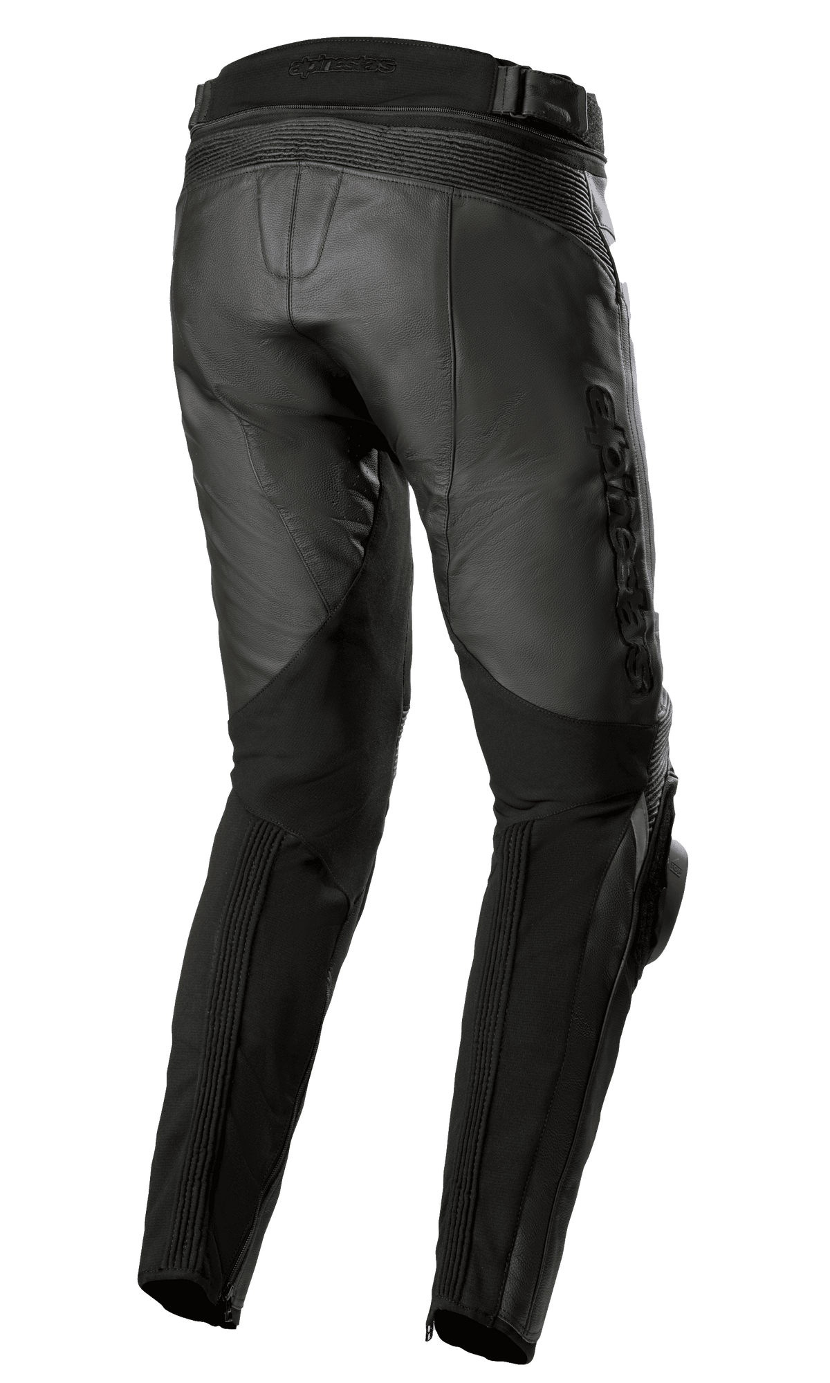Alpinestars Missile V3 Leather Pants - Long, skórzane spodnie motocyklowe, czarne, widok z tyłu i z boku, wykonane z najwyższej jakości skóry bydlęcej, harmonijkowe panele elastyczne nad kolanami, wysoki stan z tyłu i wytłoczone logo na udzie, sportowa odzież wyścigowa