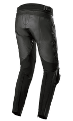 Alpinestars Missile V3 Leather Pants - Long, skórzane spodnie motocyklowe, czarne, widok z tyłu i z boku, wykonane z najwyższej jakości skóry bydlęcej, harmonijkowe panele elastyczne nad kolanami, wysoki stan z tyłu i wytłoczone logo na udzie, sportowa odzież wyścigowa