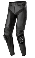 Alpinestars Missile V3 Leather Pants - Long, czarne motocyklowe spodnie wyścigowe, skórzane panele elastyczne typu akordeon na kolanach, wymienne ślizgi kolanowe z białym logo, konstrukcja z najwyższej jakości skóry, ergonomiczny, wstępnie zakrzywiony krój zapewniający wydajność na torze