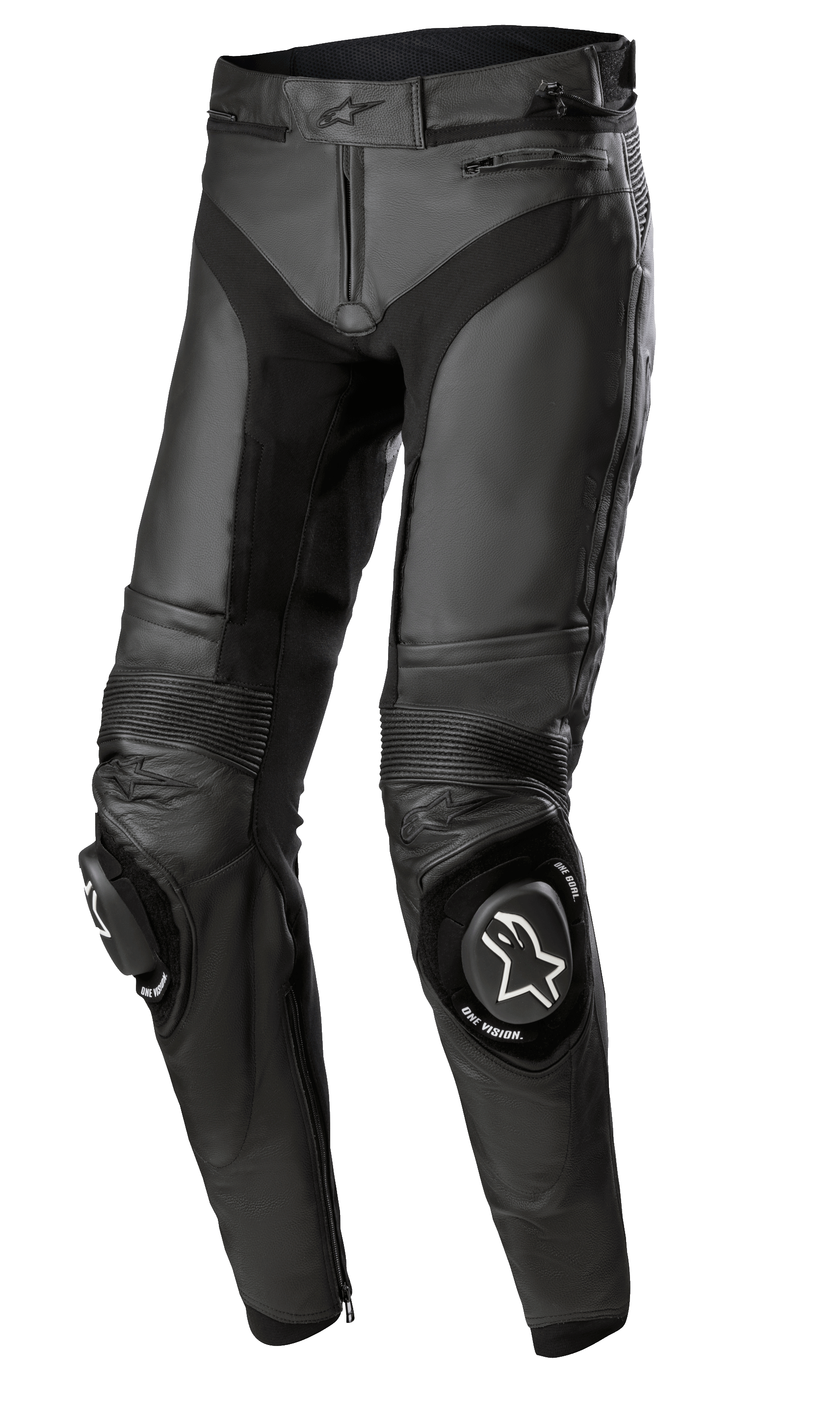 Alpinestars Missile V3 Leather Pants - Long, czarne motocyklowe spodnie wyścigowe, skórzane panele elastyczne typu akordeon na kolanach, wymienne ślizgi kolanowe z białym logo, konstrukcja z najwyższej jakości skóry, ergonomiczny, wstępnie zakrzywiony krój zapewniający wydajność na torze