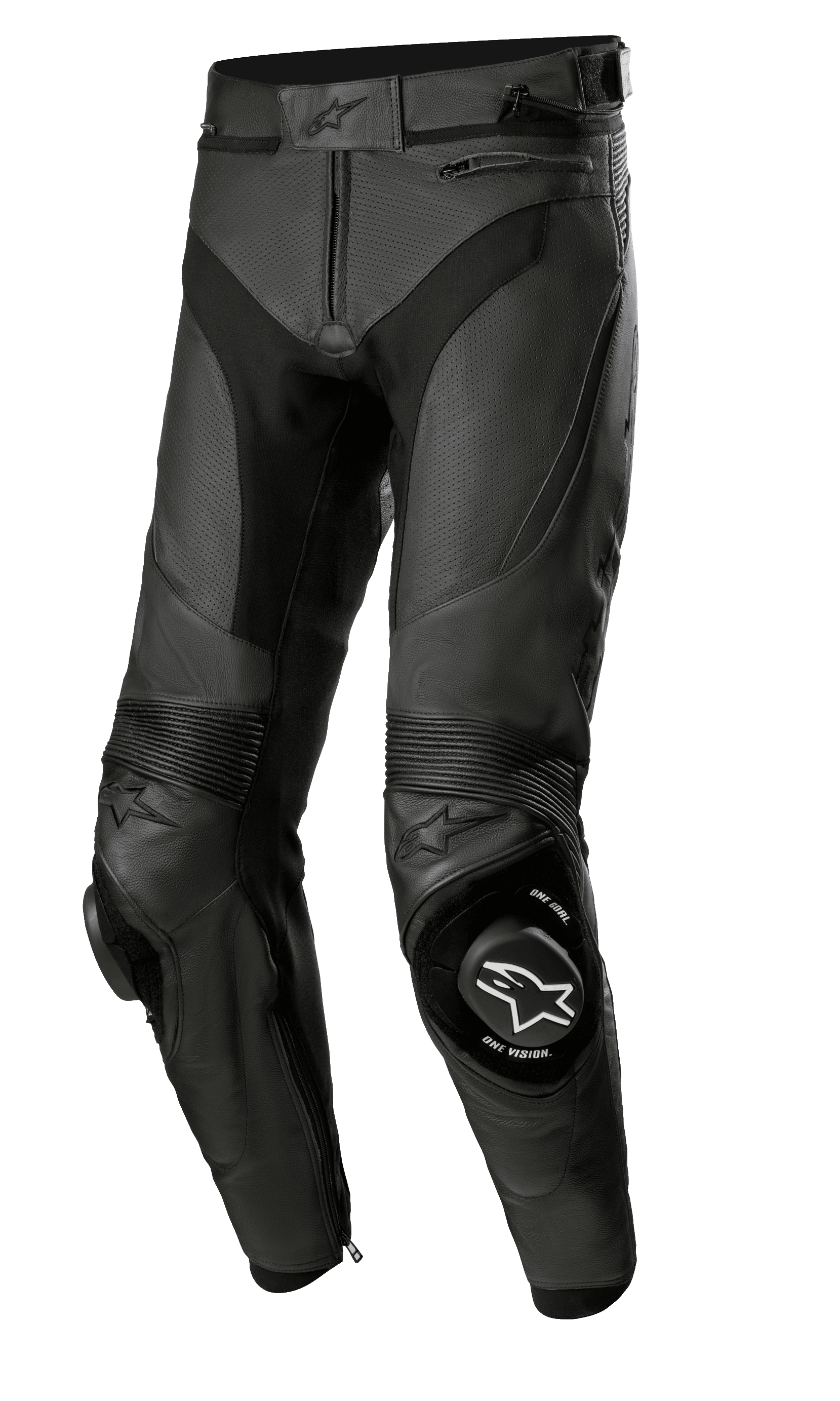 Alpinestars Missile V3 Airflow Leather Pants, Black Motorcycle Racing Pants, premium perforated leather construction for maximum ventilation, reinforced knee sliders with ONE GOAL ONE VISION branding, accordion stretch panels for flexibility, zippered pockets and waist adjustment, sleek black design for sport and track performance