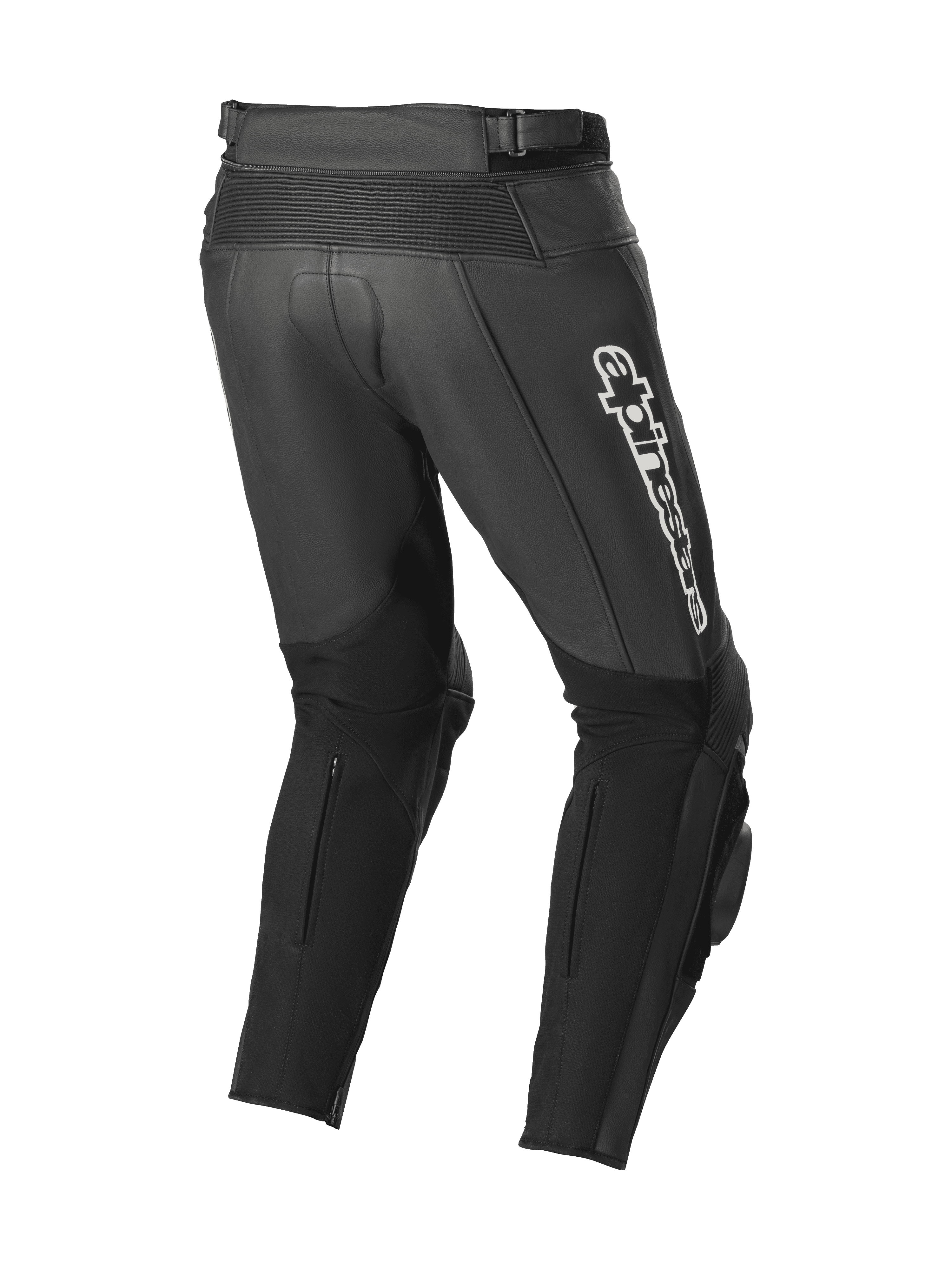 Alpinestars Track V2 Leather Pants, czarne spodnie skórzane, widok z tyłu ukazujący harmonijkowe skórzane strefy elastyczne, białe logo Alpinestars na udzie, duże elastyczne panele na łydkach oraz zintegrowane slidery kolanowe do użytku na torze i ulicy