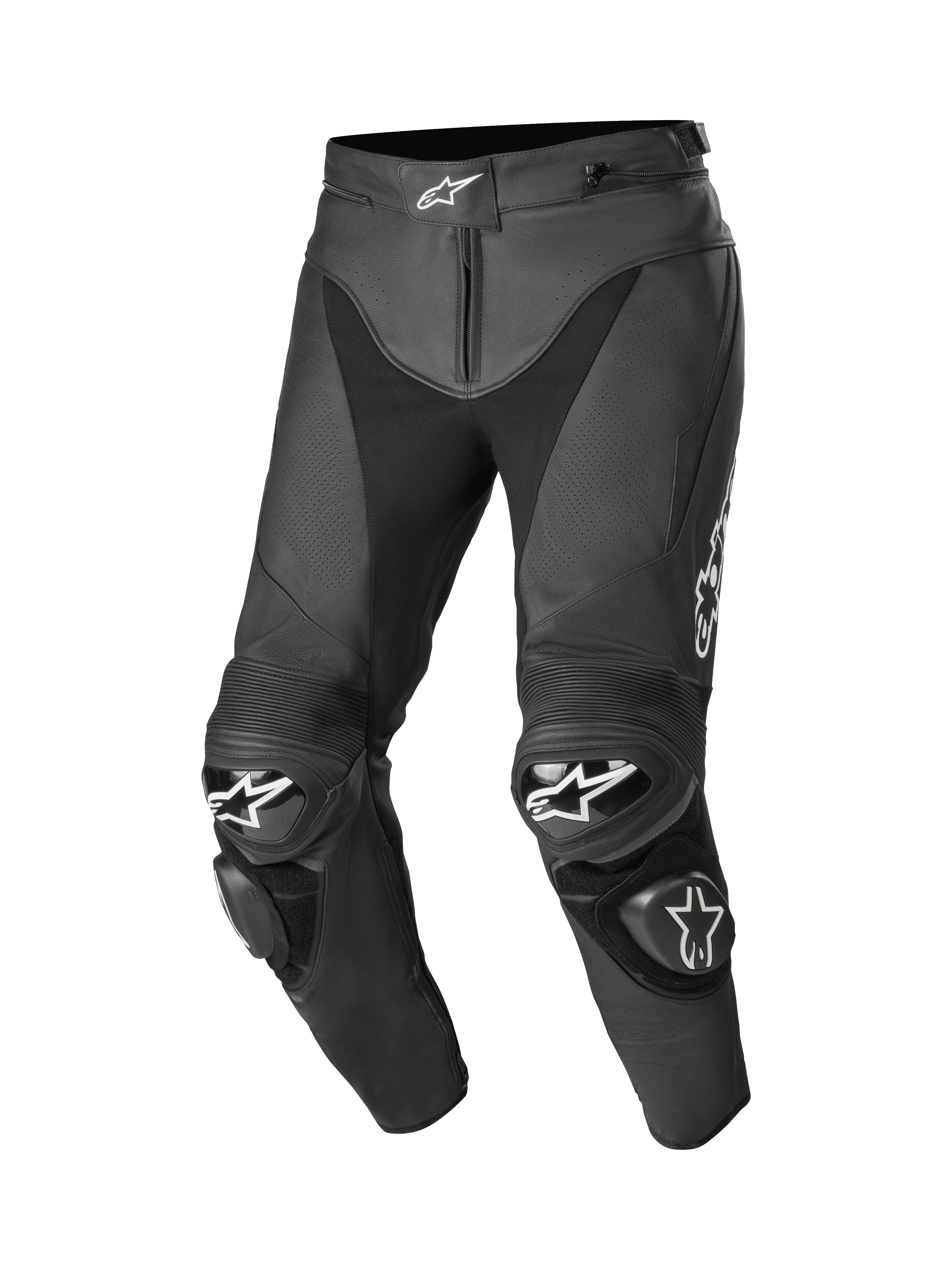 Alpinestars Track V2, skórzane spodnie motocyklowe wyścigowe, czarne z białymi logo gwiazdy w pasie i na kolanach, perforowana skóra, elastyczne panele akordeonowe nad kolanami, wymienne slidery TPU, najwyższej jakości skóra bydlęca 1,3 mm z profilowanymi nogawkami