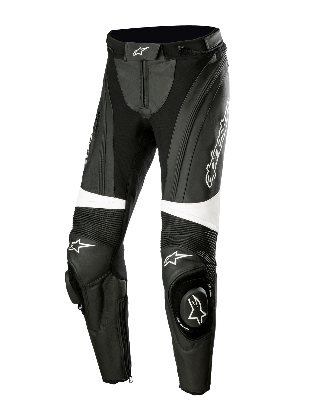 Alpinestars Stella Missile V3 Leather Pants, damskie skórzane spodnie motocyklowe, czarno-białe, elastyczne panele akordeonowe nad kolanami, zintegrowane slidery kolan z logo Alpinestars, białe paski akcentujące, dopasowany krój do jazdy sportowej i torowej