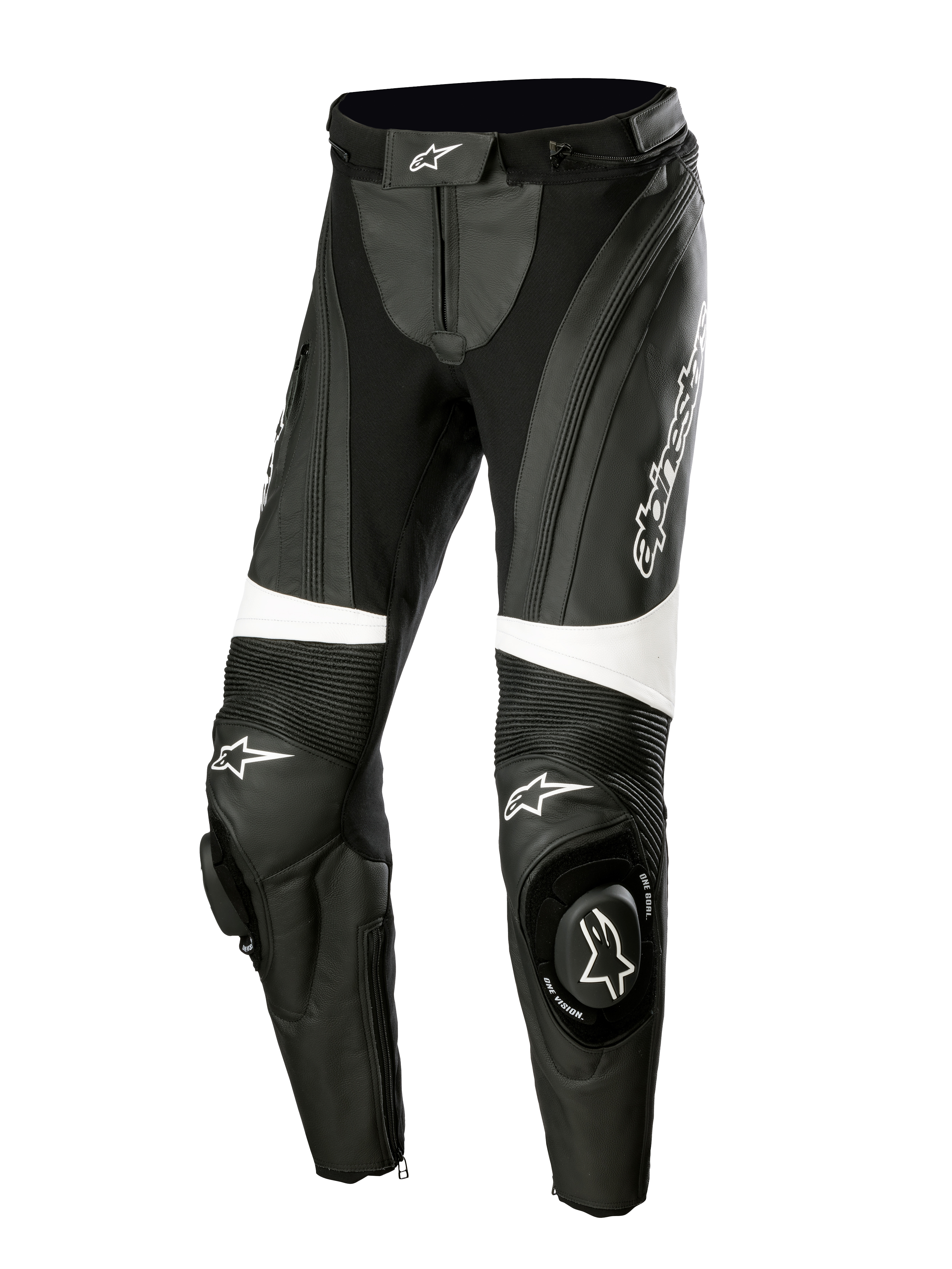 Alpinestars Stella Missile V3 Leather Pants, damskie skórzane spodnie motocyklowe, czarno-białe, elastyczne panele akordeonowe nad kolanami, zintegrowane slidery kolan z logo Alpinestars, białe paski akcentujące, dopasowany krój do jazdy sportowej i torowej
