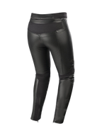 Alpinestars Stella Vika V2 Women's Leather Motorcycle Pants in black, featuring protective aramid stretch panels for urban riding.