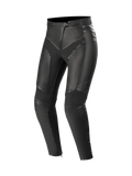 Alpinestars Stella Vika V2 Leather Pants, black women's urban motorcycle gear with stretch panels and CE protection.