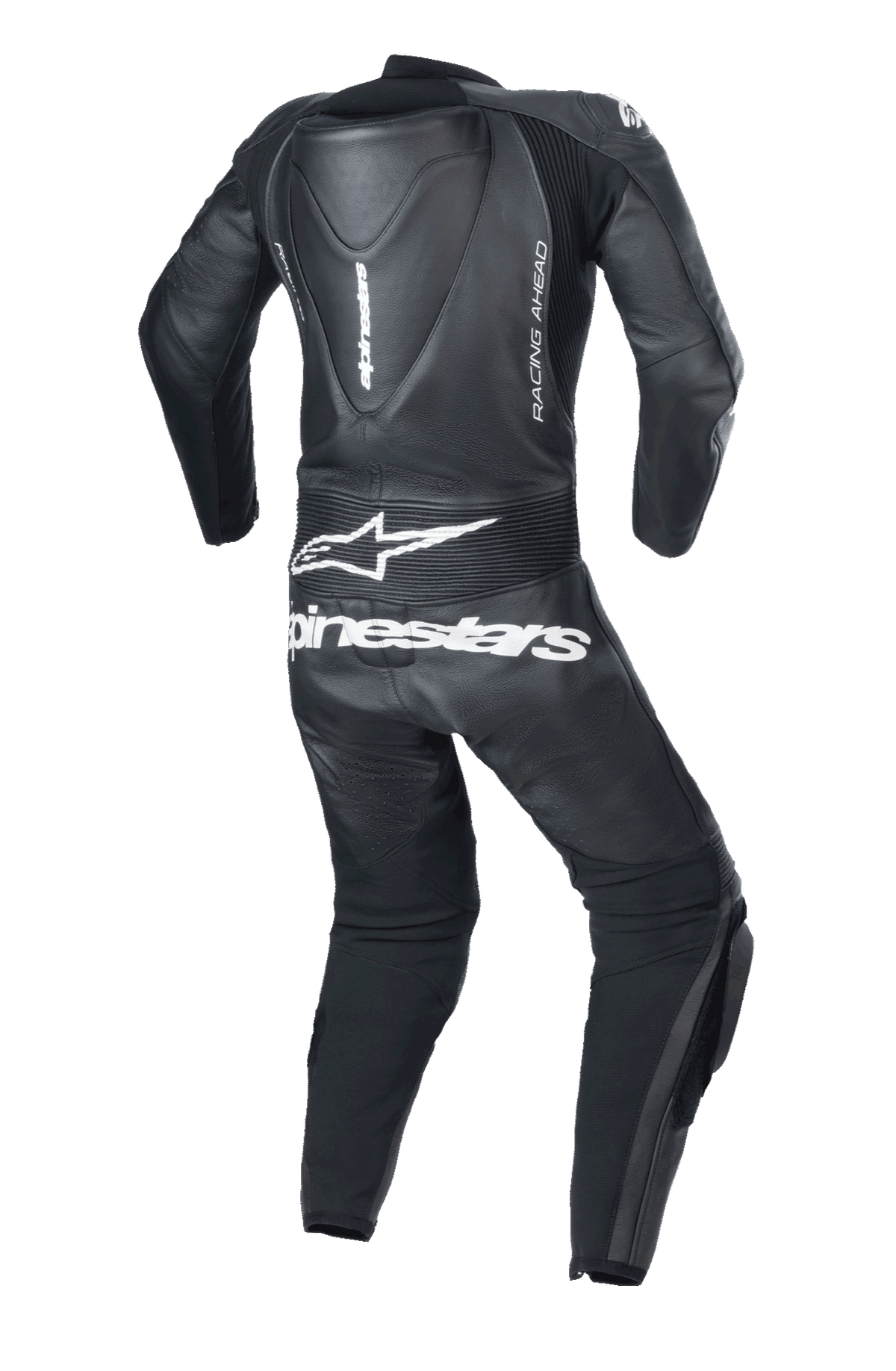 Alpinestars Youth GP Plus V2 1-Piece Leather Suit, czarny, widok z tyłu z garbem aerodynamicznym, białym logo i napisem Alpinestars na dolnej części pleców, bocznym brandingiem 'RACING AHEAD' oraz akordeonowymi panelami stretch zapewniającymi swobodę ruchów.