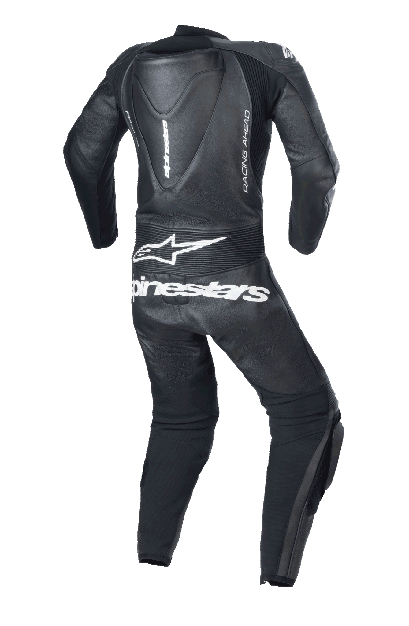 Alpinestars Youth GP Plus V2 1-Piece Leather Suit, czarny, widok z tyłu z garbem aerodynamicznym, białym logo i napisem Alpinestars na dolnej części pleców, bocznym brandingiem 'RACING AHEAD' oraz akordeonowymi panelami stretch zapewniającymi swobodę ruchów.