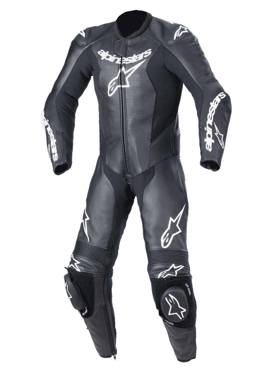 Alpinestars Youth GP Plus V2, jednoczęściowy kombinezon skórzany, młodzieżowy kombinezon wyścigowy, czarny z białym logo Alpinestars, perforowane skórzane panele na klatce piersiowej, zintegrowane slidery kolan, elastyczne panele akordeonowe na kolanach i ramionach, profesjonalna konstrukcja torowa dla młodych motocyklistów