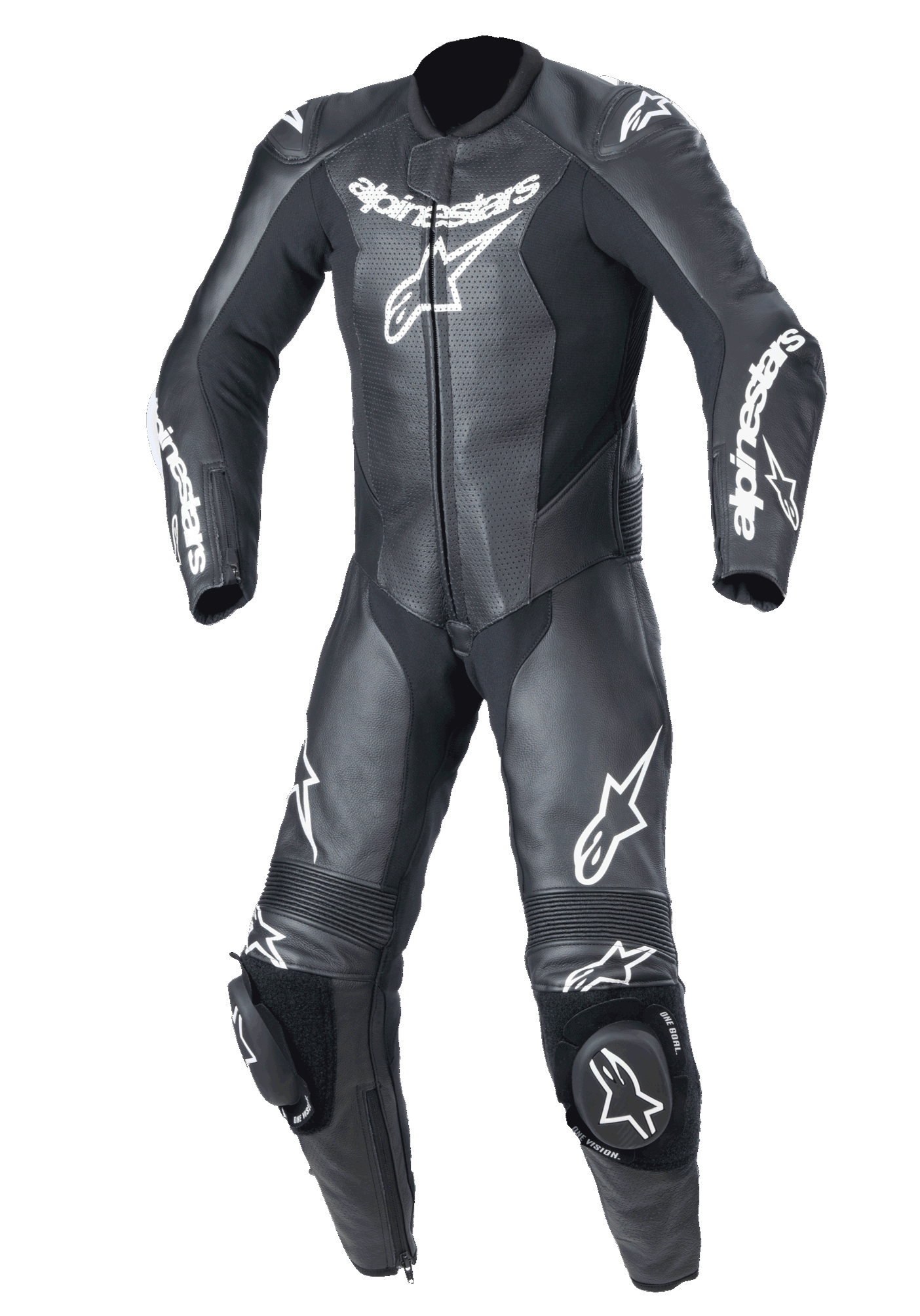 Alpinestars Youth GP Plus V2, jednoczęściowy kombinezon skórzany, młodzieżowy kombinezon wyścigowy, czarny z białym logo Alpinestars, perforowane skórzane panele na klatce piersiowej, zintegrowane slidery kolan, elastyczne panele akordeonowe na kolanach i ramionach, profesjonalna konstrukcja torowa dla młodych motocyklistów